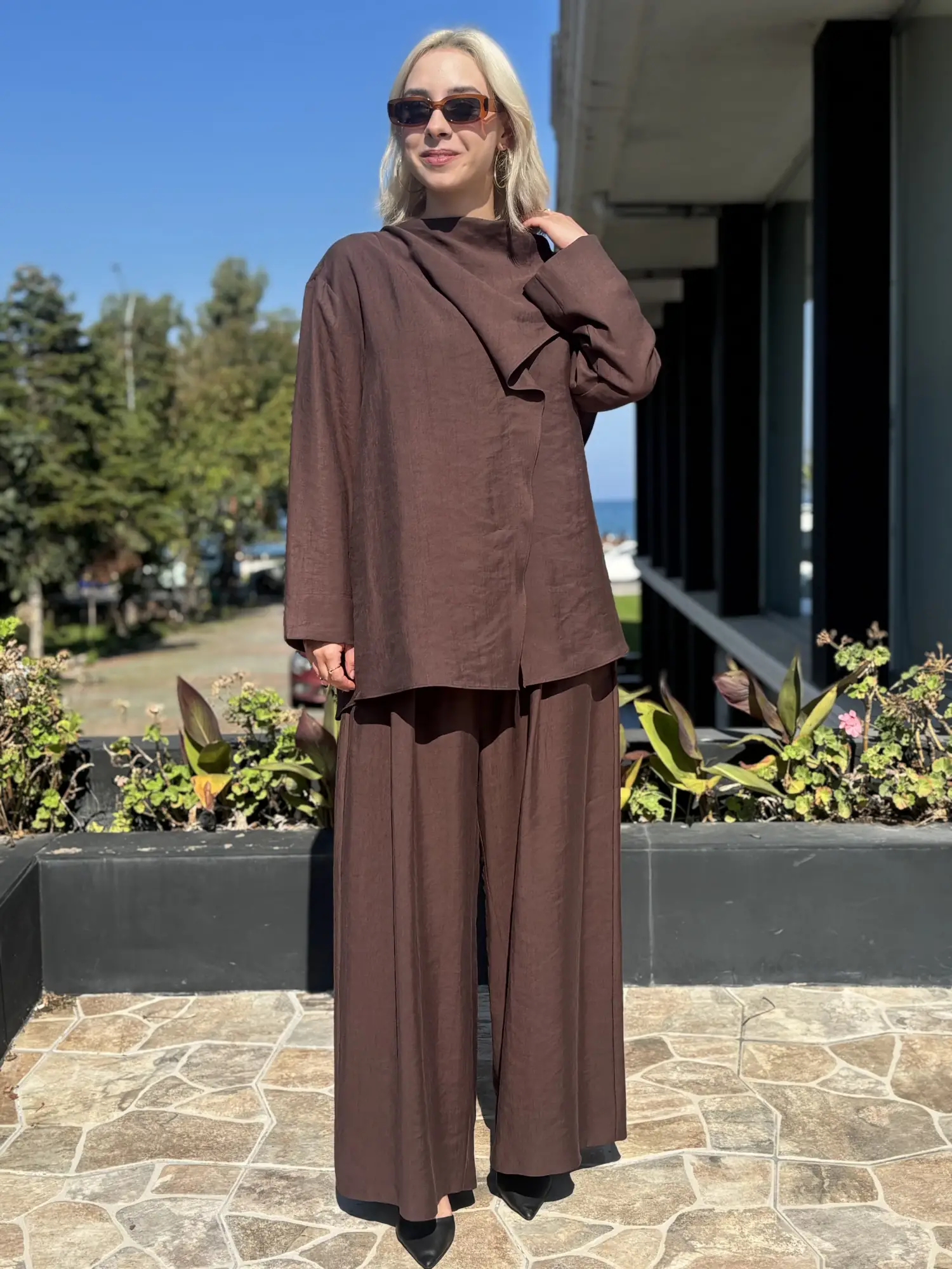 Kahma Şal Yaka Detaylı Tunik Pantolon Takım