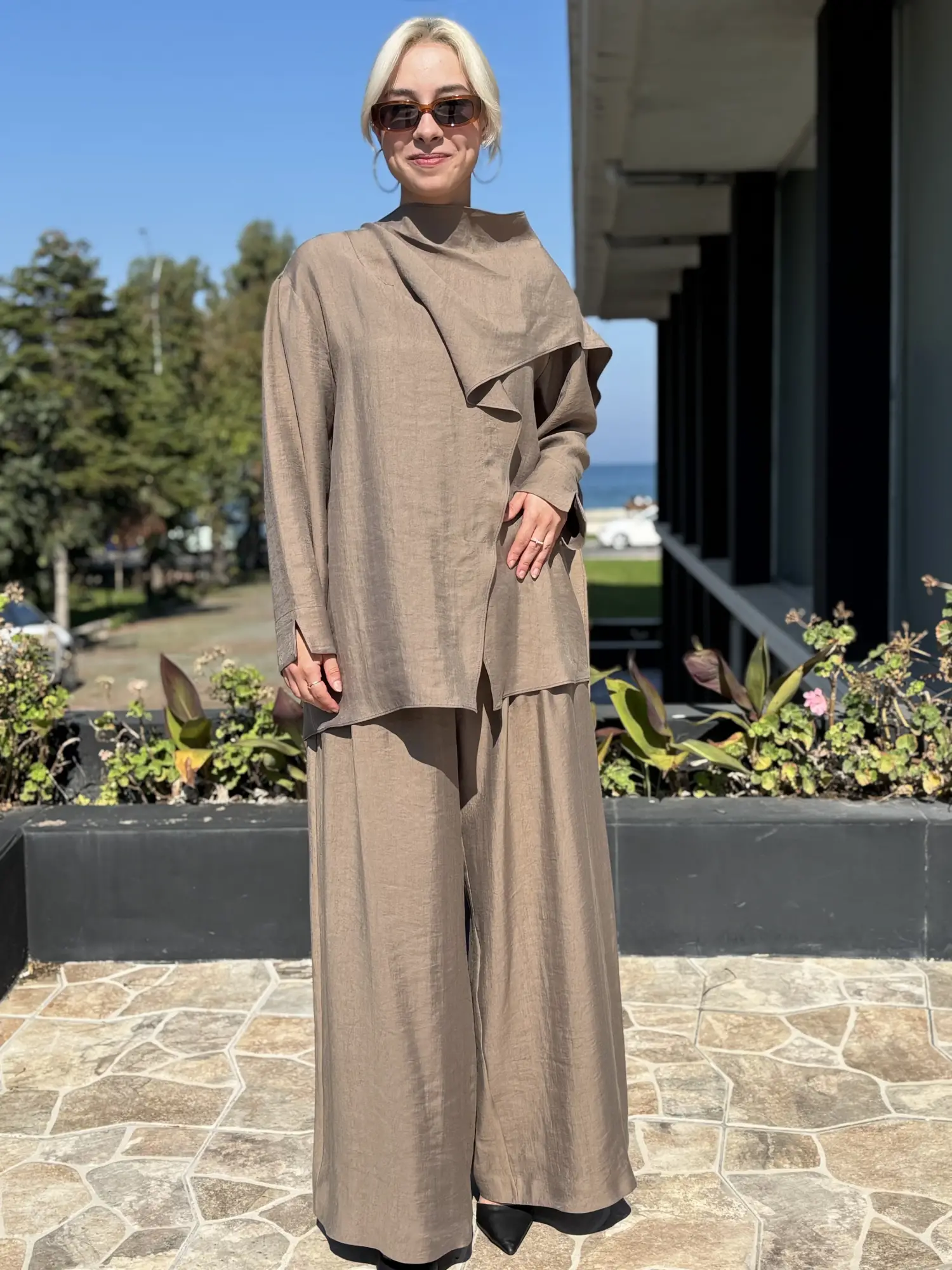 Kahma Şal Yaka Detaylı Tunik Pantolon Takım