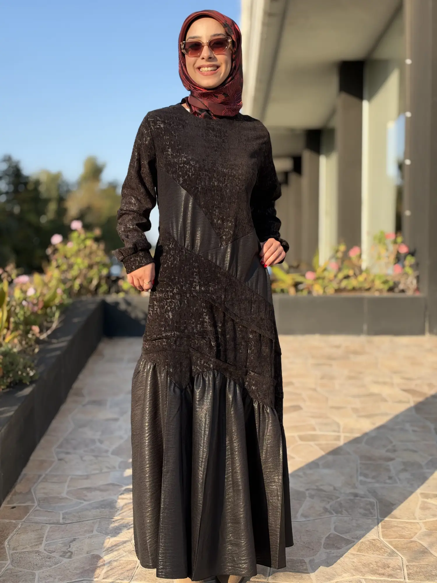 Misswhence Dikiş Ve Parça Detaylı Desenli Kadife Elbise 40812