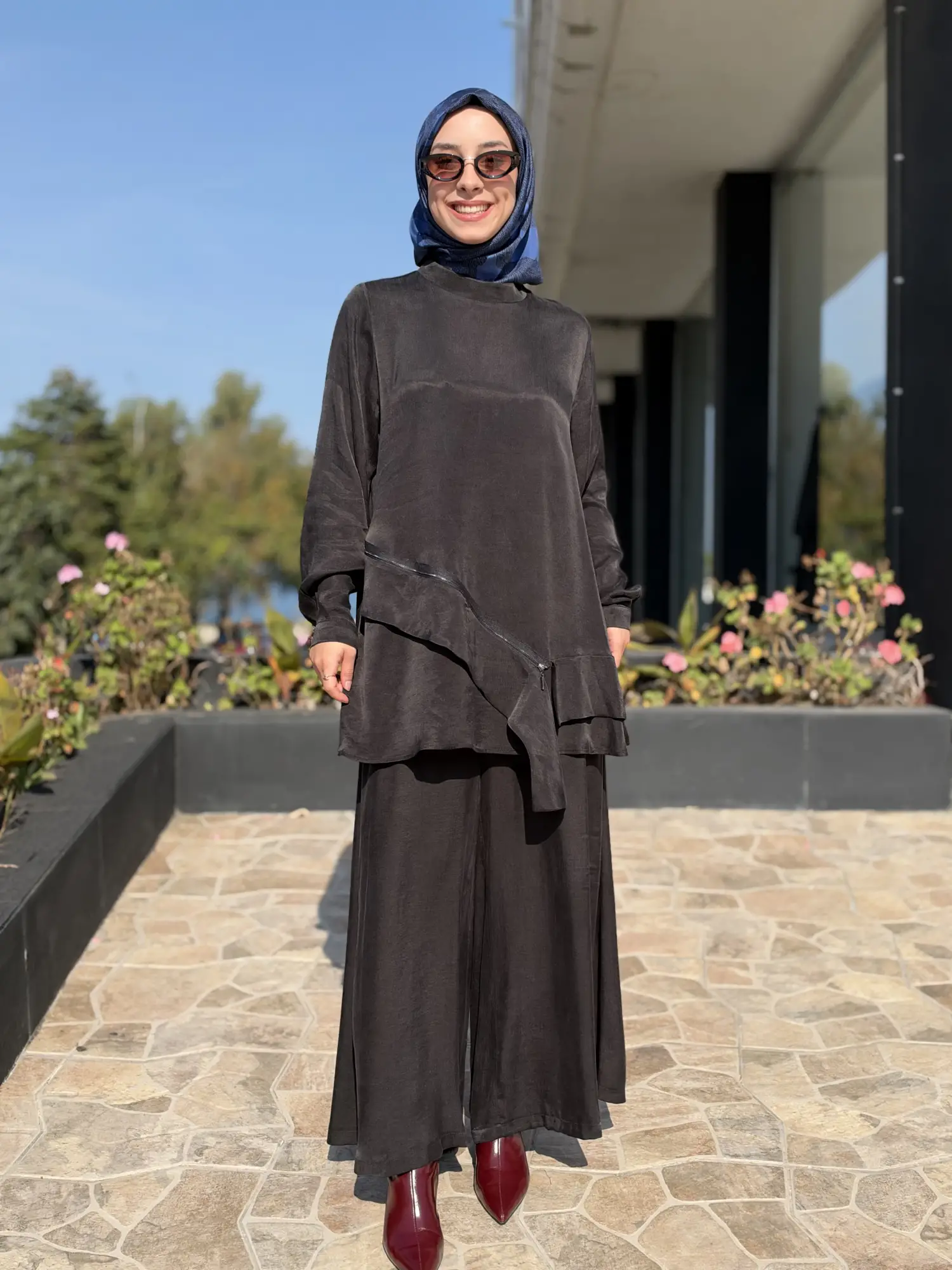 Almarwah Asimetrik Fermuar Detaylı Tunik Pantolon Takım 203119