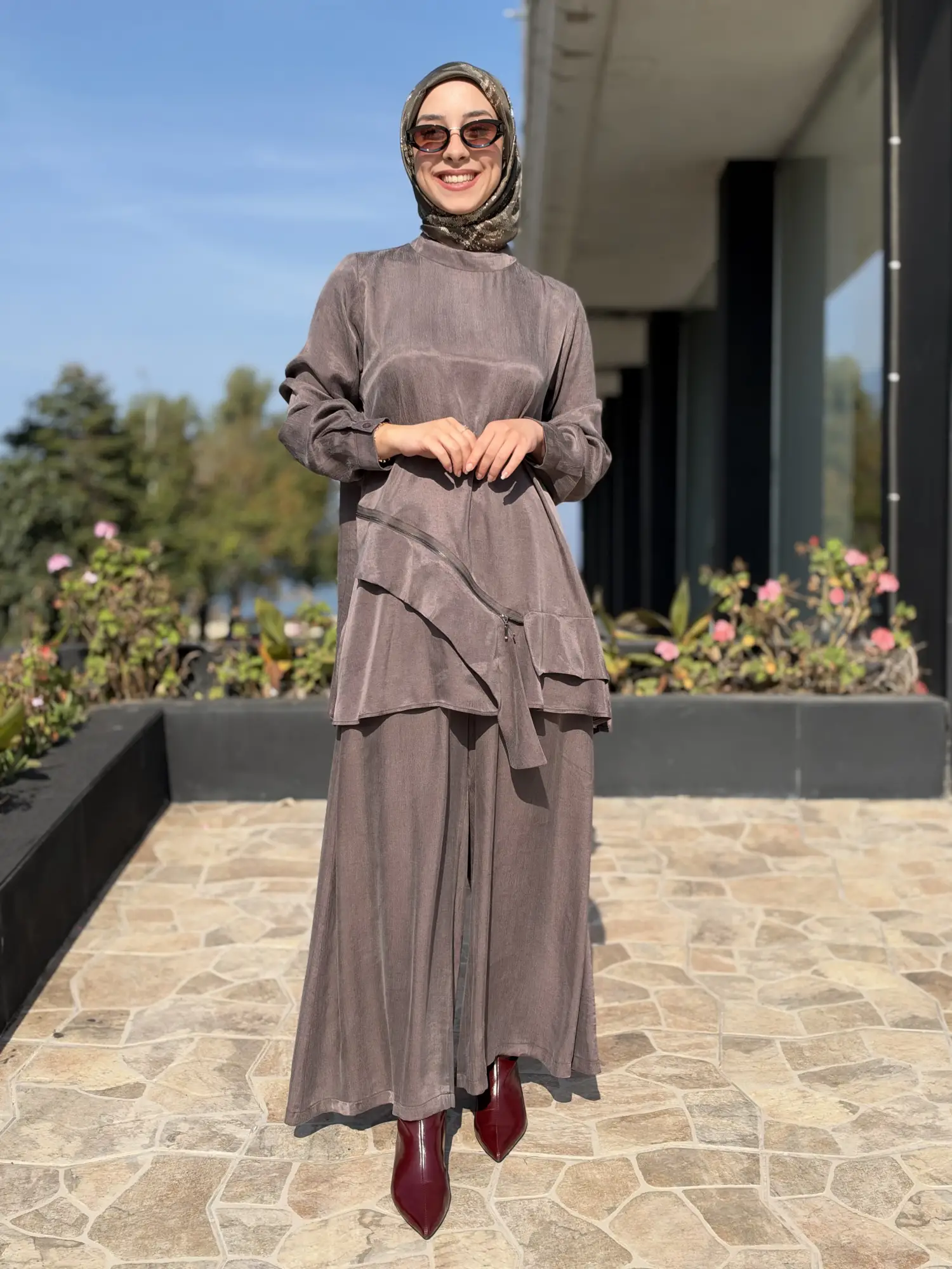 Almarwah Asimetrik Fermuar Detaylı Tunik Pantolon Takım 203119