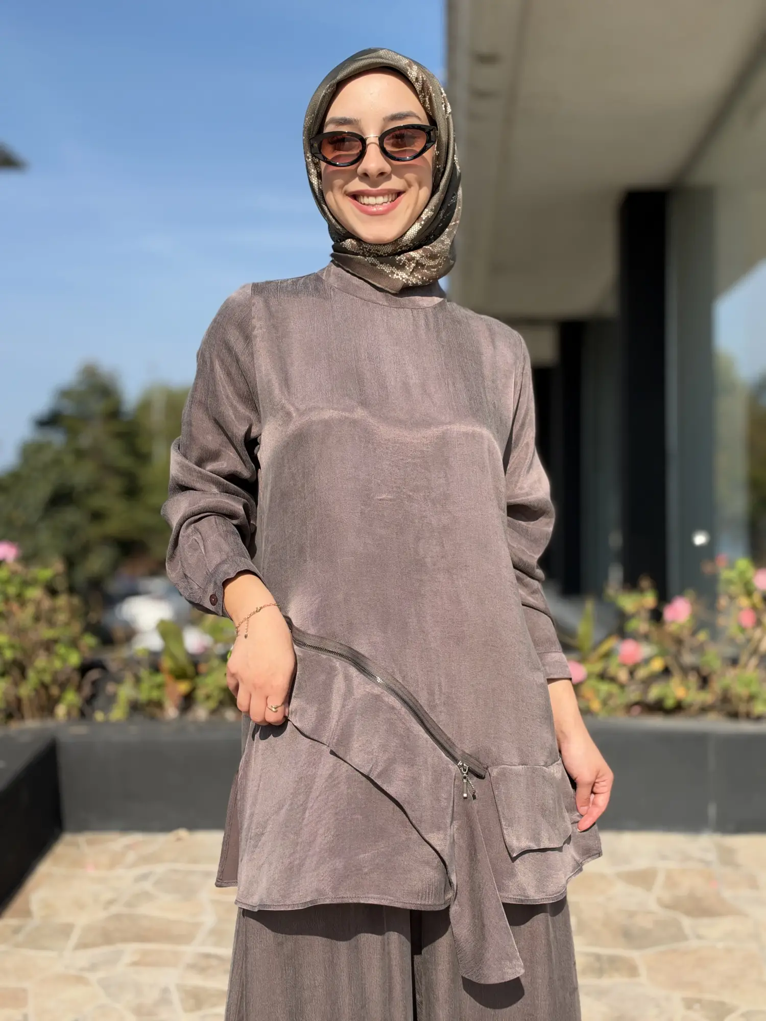 Almarwah Asimetrik Fermuar Detaylı Tunik Pantolon Takım 203119