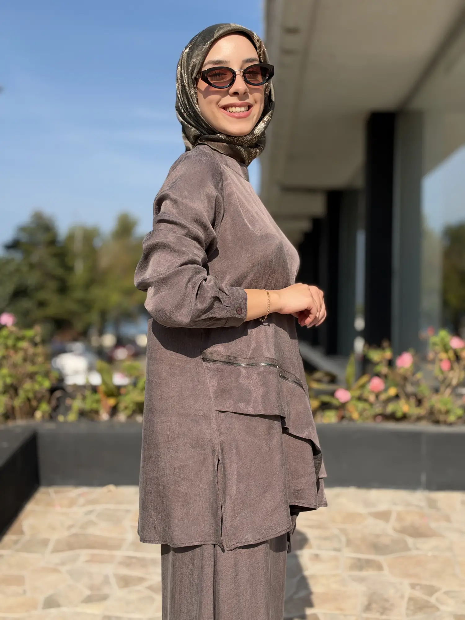 Almarwah Asimetrik Fermuar Detaylı Tunik Pantolon Takım 203119