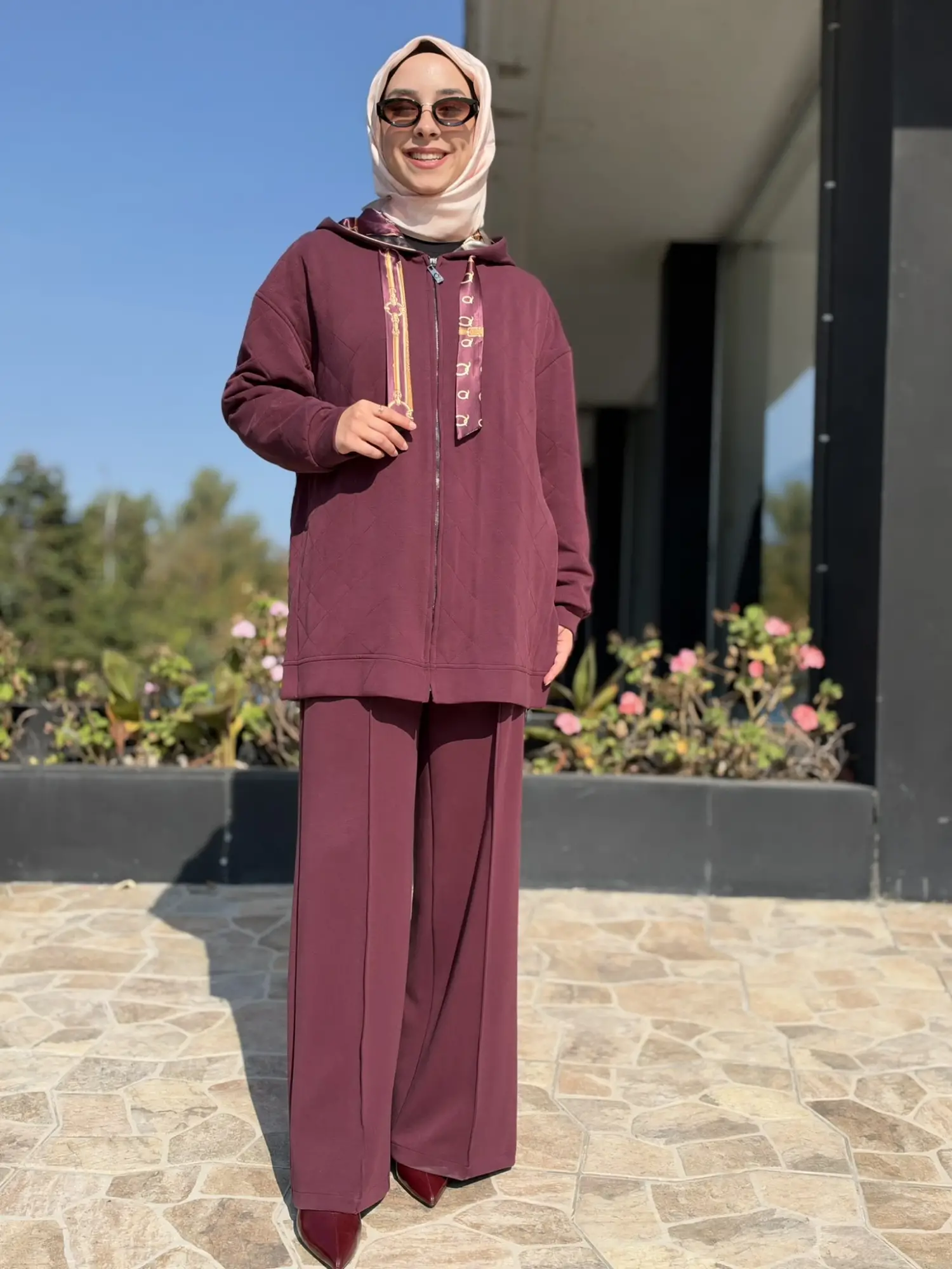 Qupra Desenli Saten Astarlı Kapüşonlu Kap Pantolon Takım WAF22108