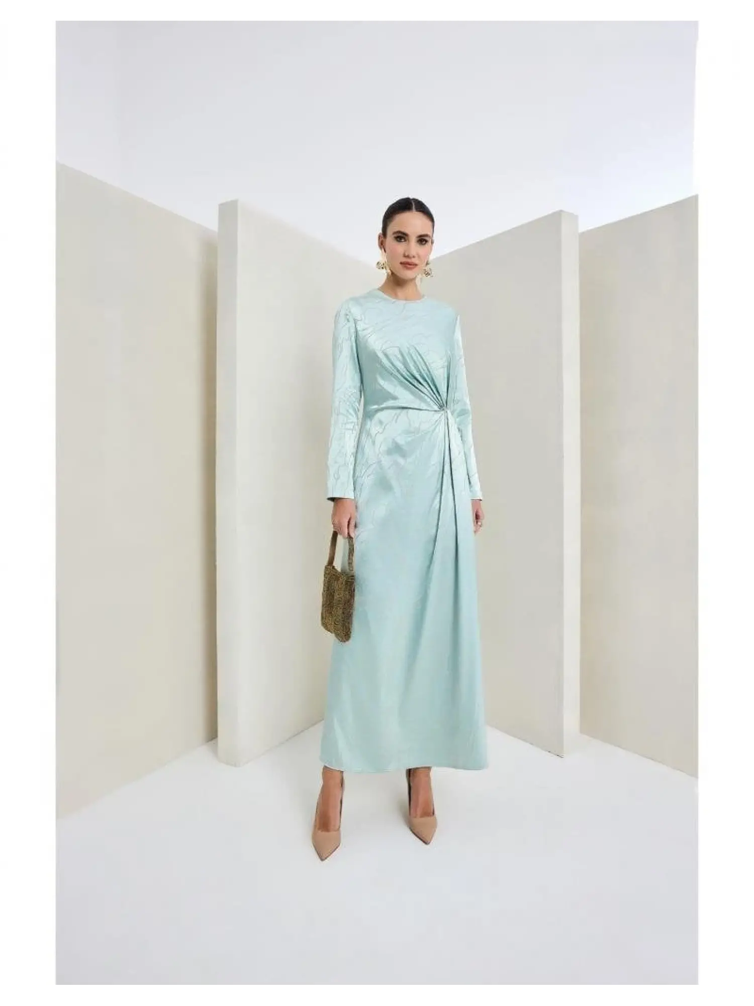 Almarwah Belden Büzgülü Saten Elbise 90474