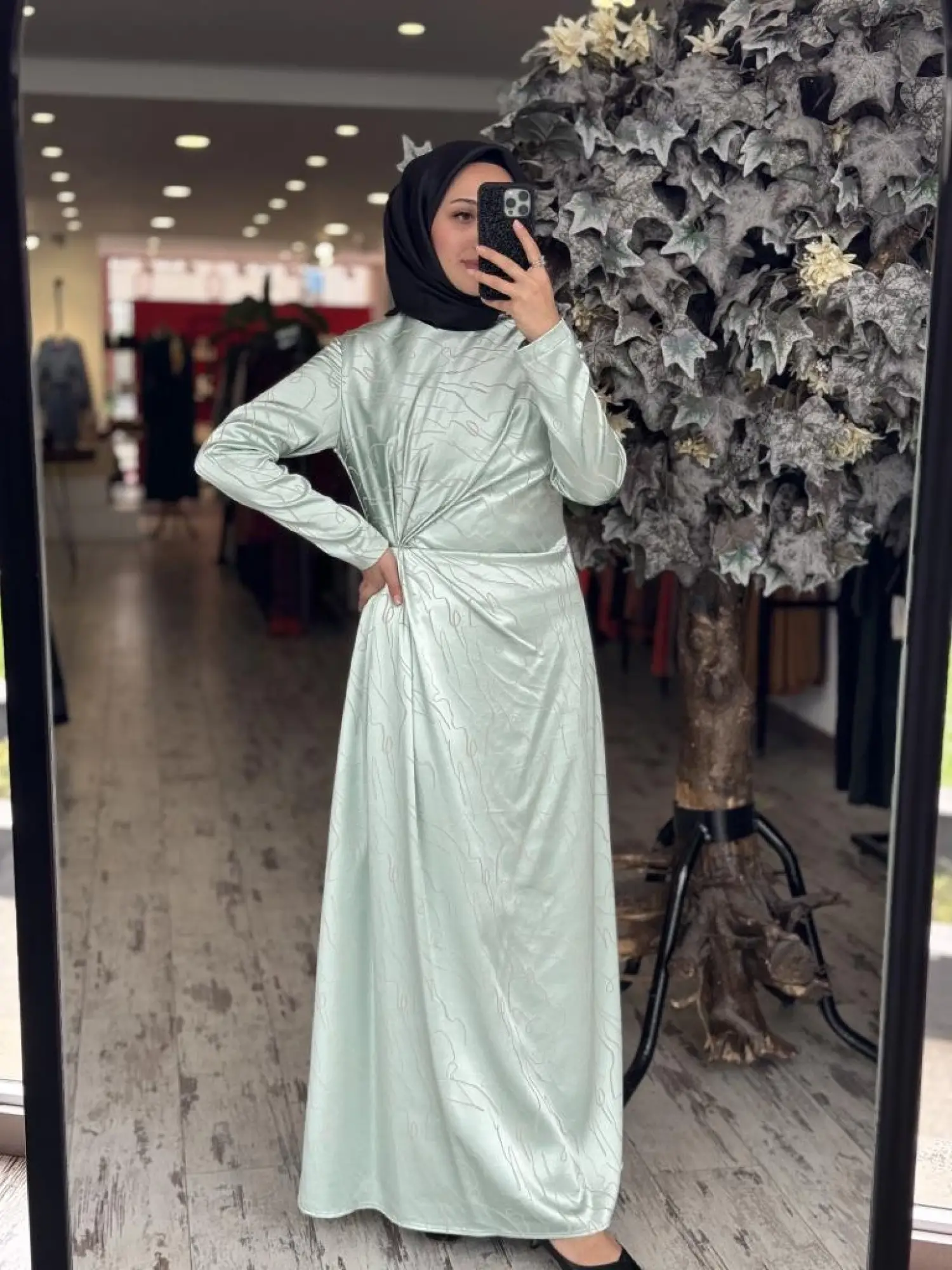 Almarwah Belden Büzgülü Saten Elbise 90474