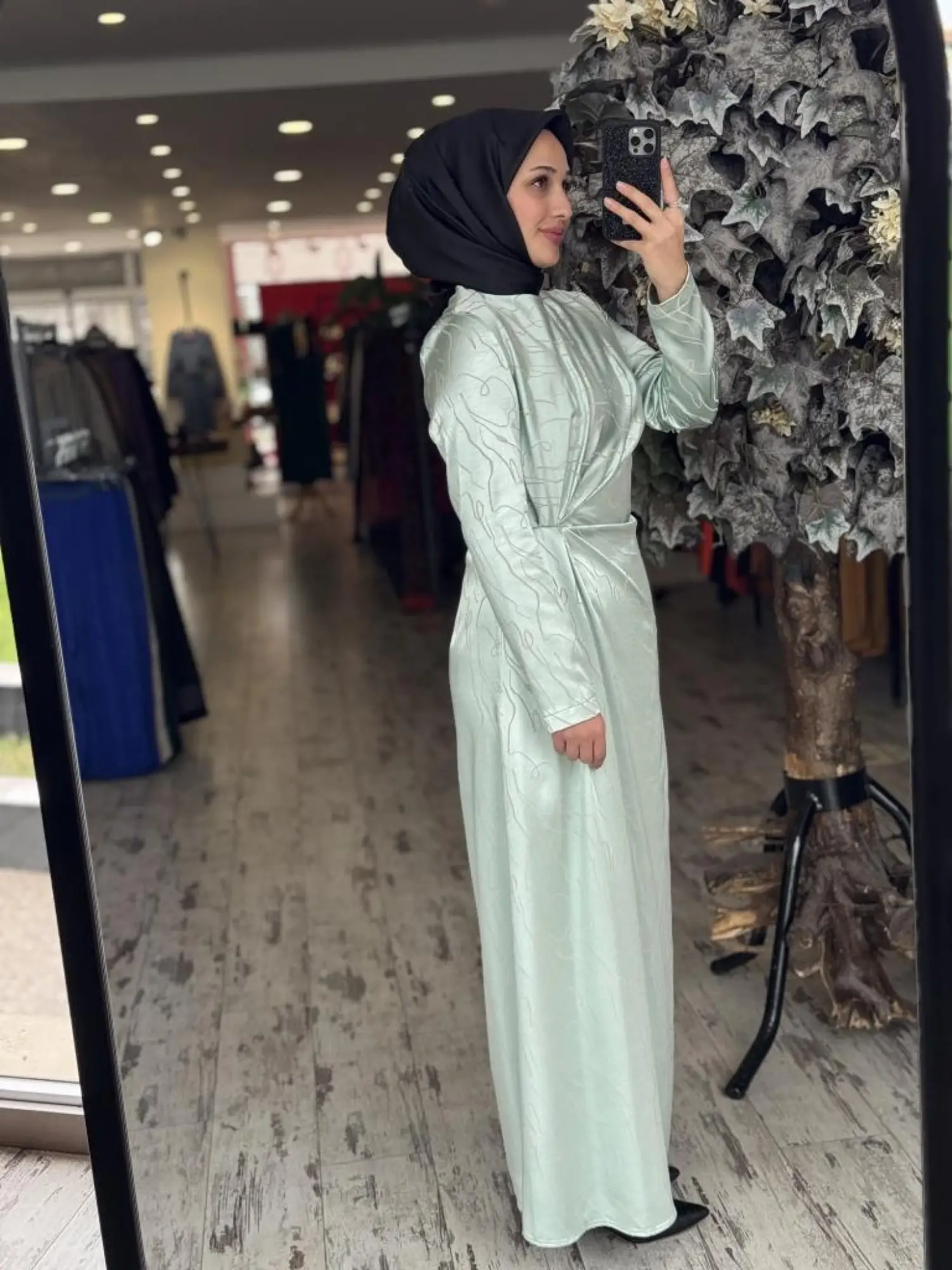 Almarwah Belden Büzgülü Saten Elbise 90474