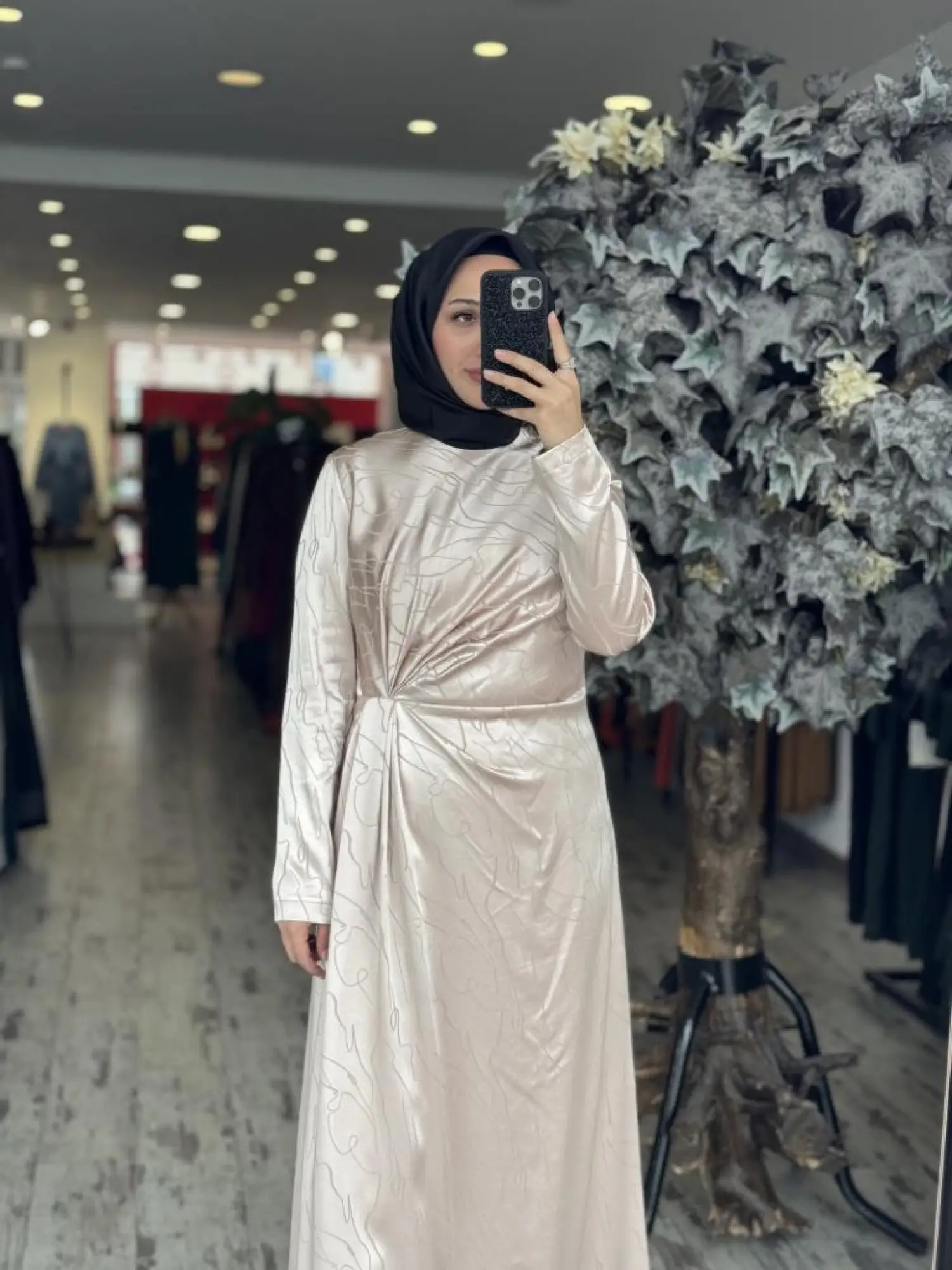 Almarwah Belden Büzgülü Saten Elbise 90474