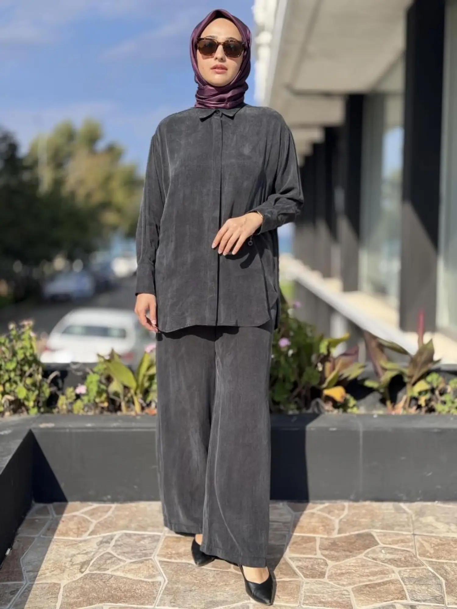 Almarwah Kendinden Çizgili Cupra Tunik Pantolon Takım 202917