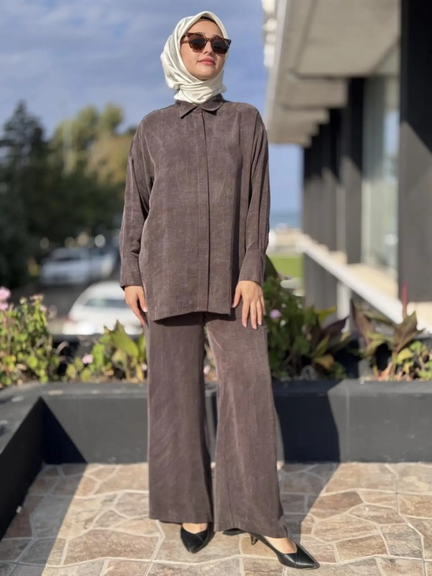 Almarwah Kendinden Çizgili Cupra Tunik Pantolon Takım 202917