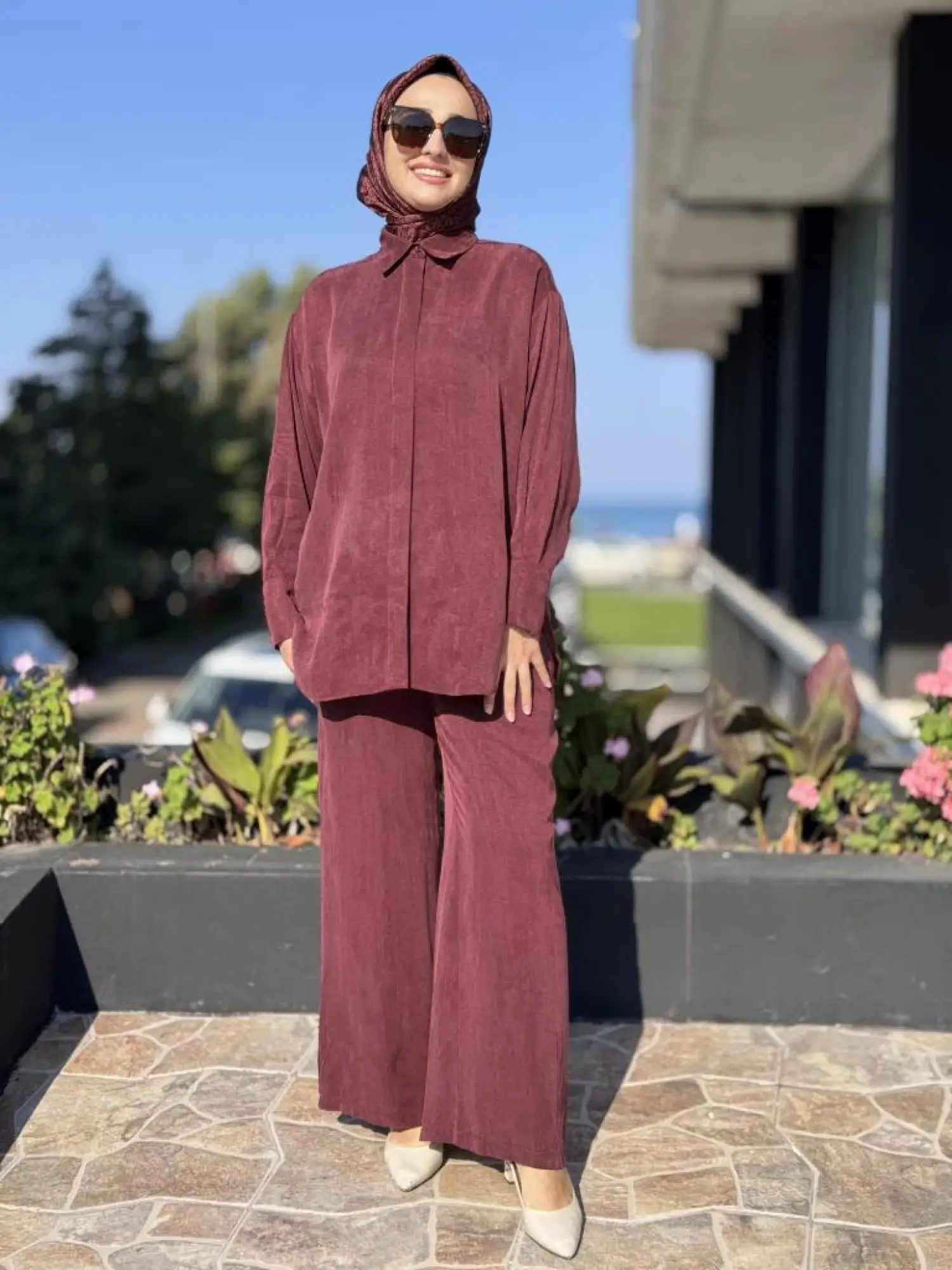 Almarwah Kendinden Çizgili Cupra Tunik Pantolon Takım 202917