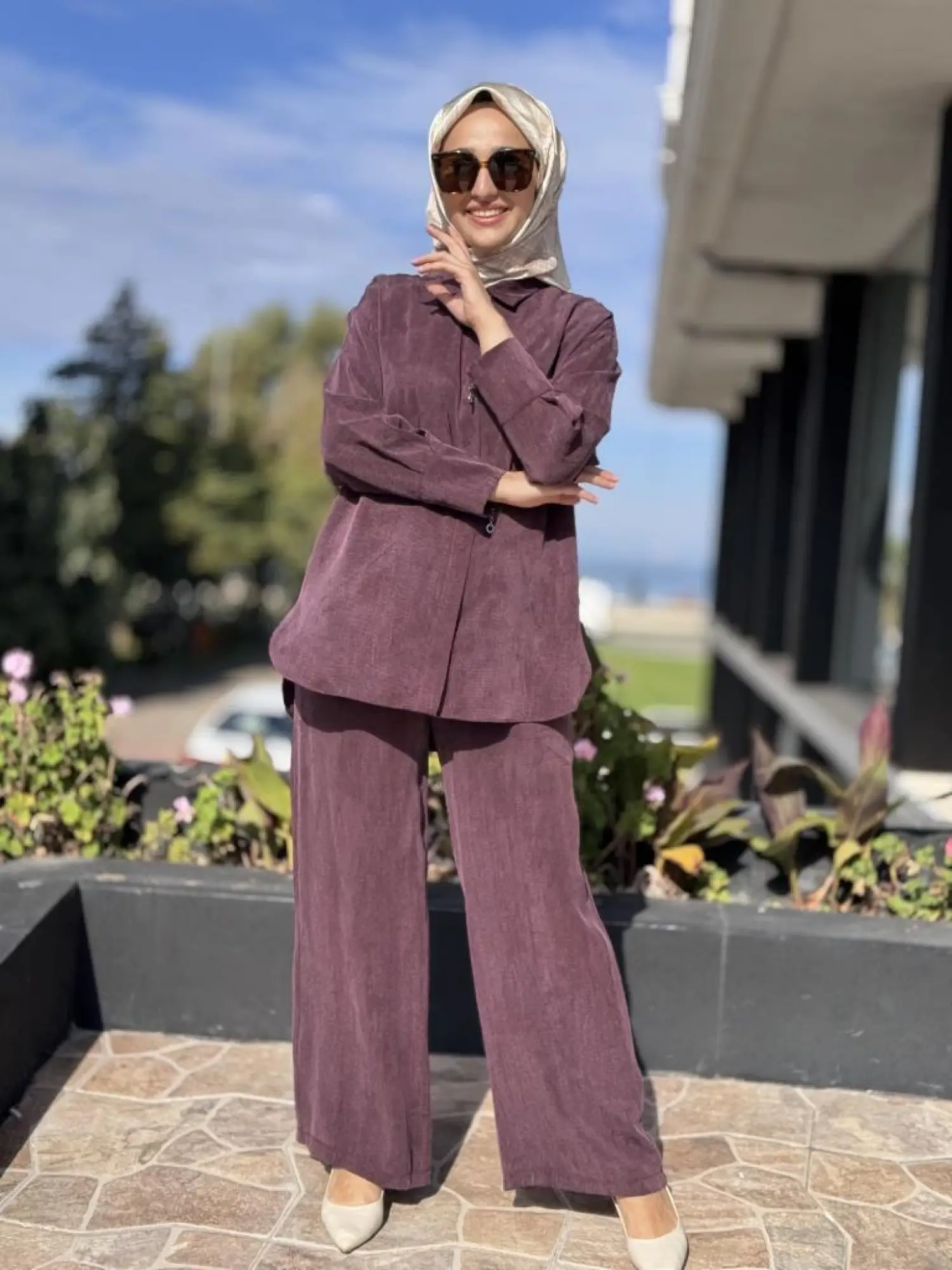 Almarwah Kendinden Çizgili Cupra Tunik Pantolon Takım 202917