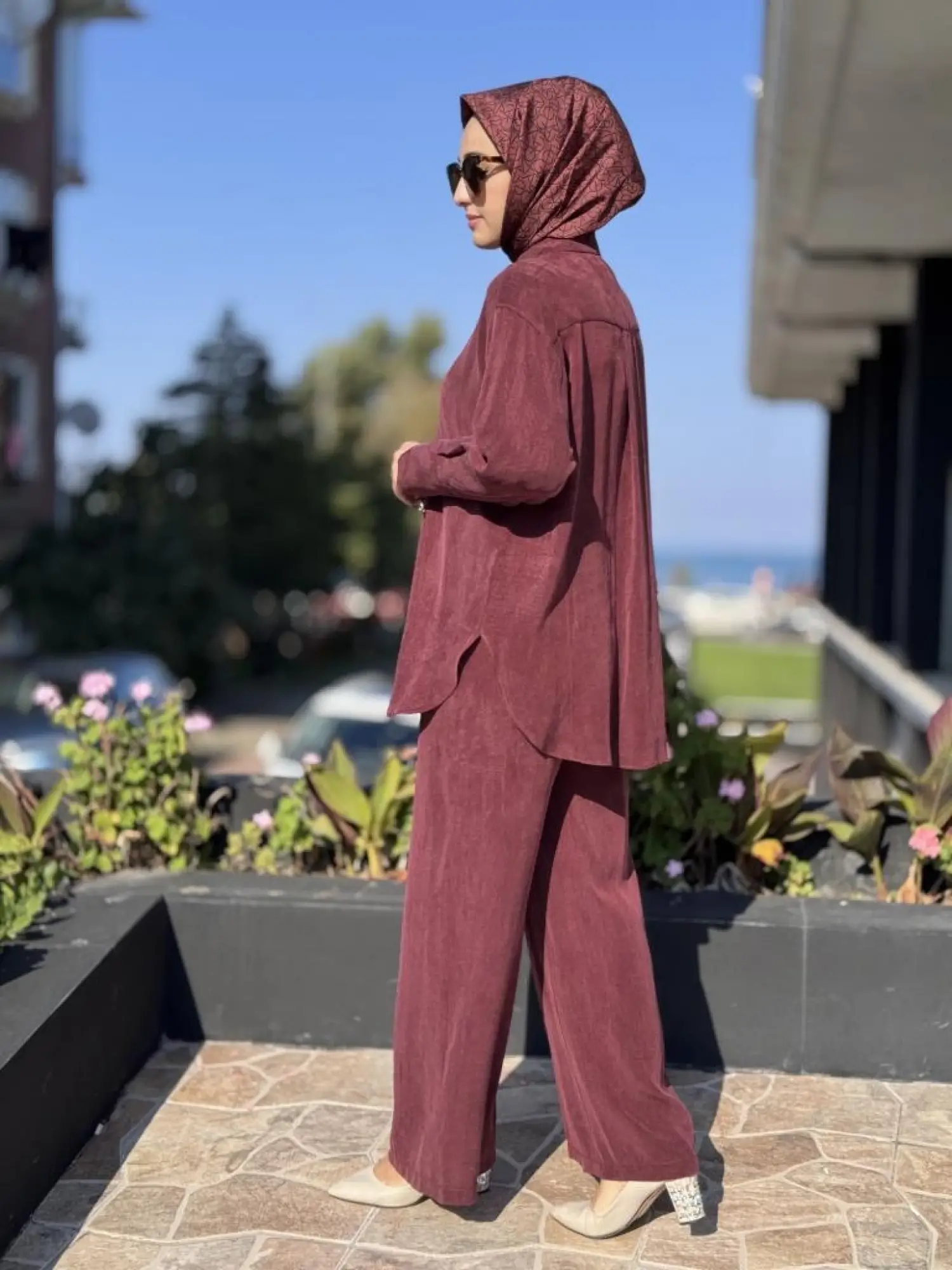 Almarwah Kendinden Çizgili Cupra Tunik Pantolon Takım 202917