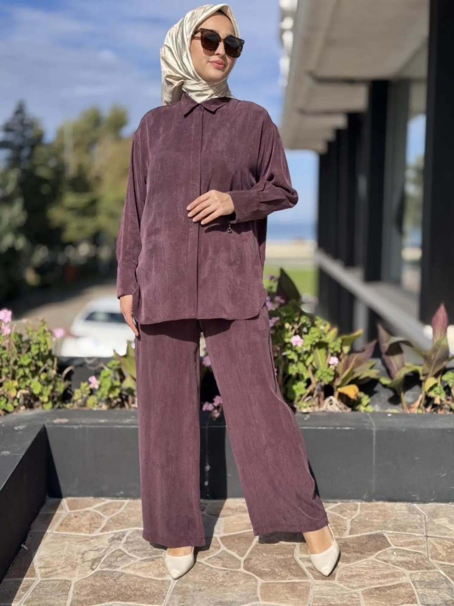 Almarwah Kendinden Çizgili Cupra Tunik Pantolon Takım 202917