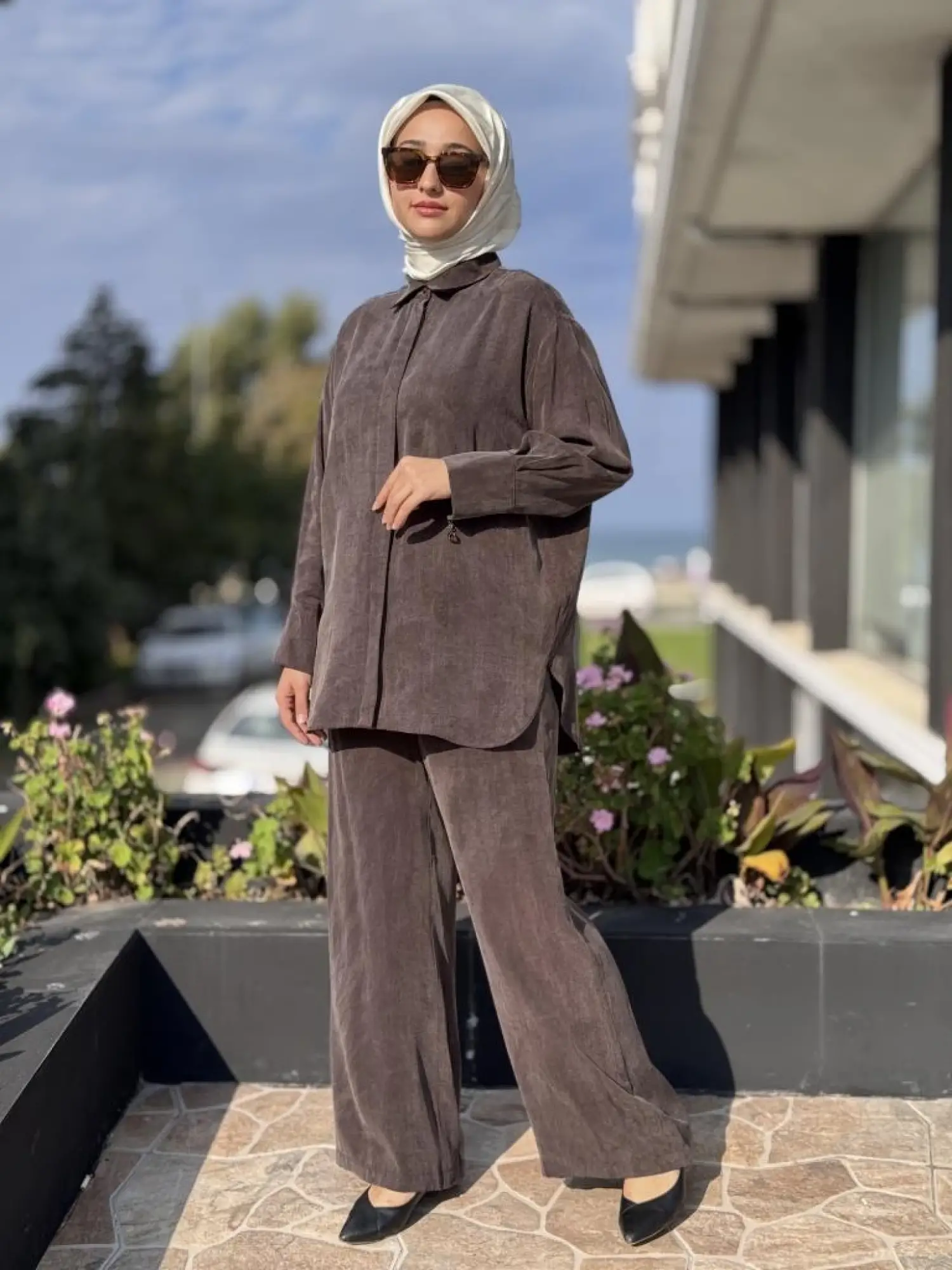 Almarwah Kendinden Çizgili Cupra Tunik Pantolon Takım 202917