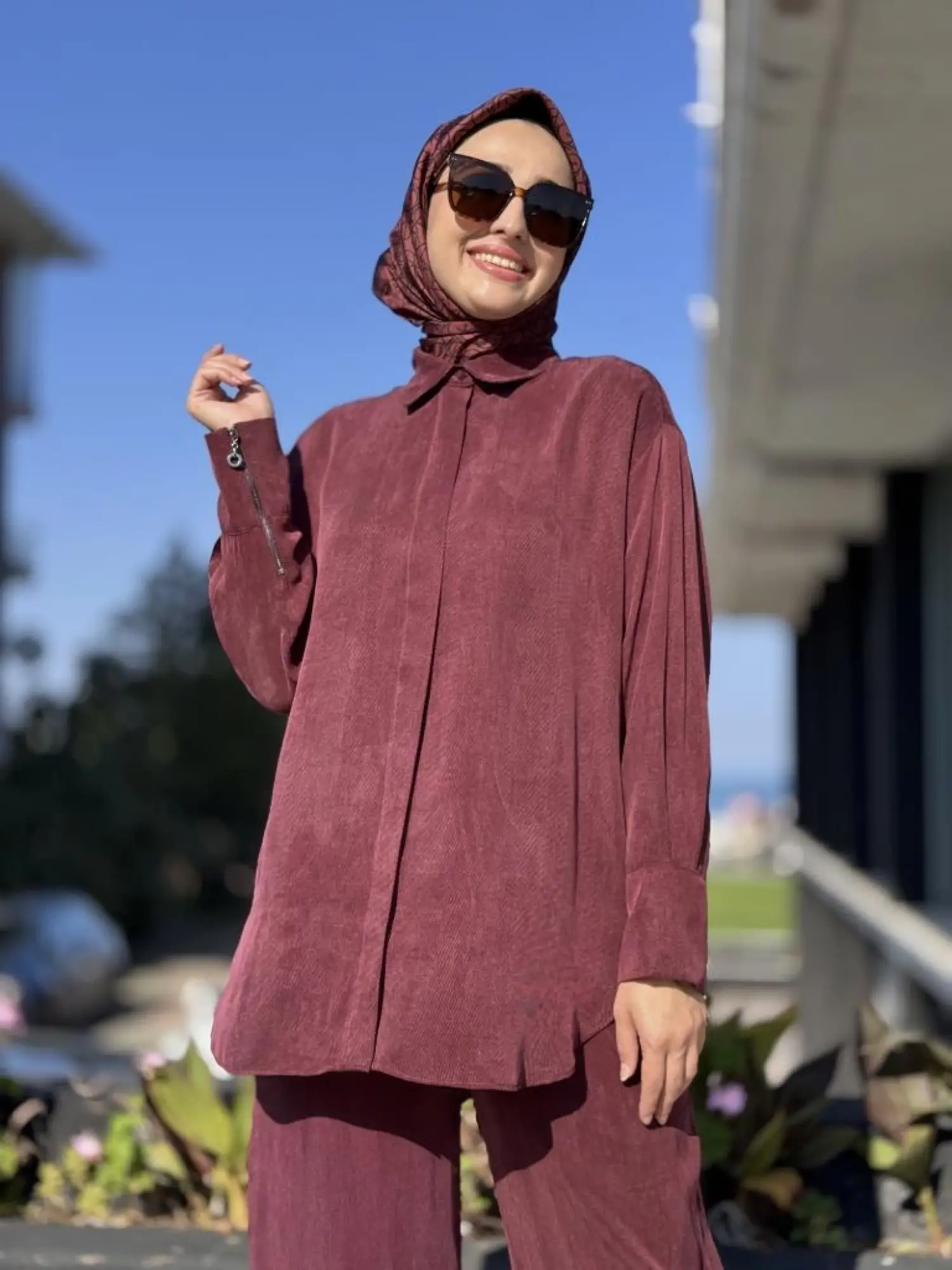 Almarwah Kendinden Çizgili Cupra Tunik Pantolon Takım 202917