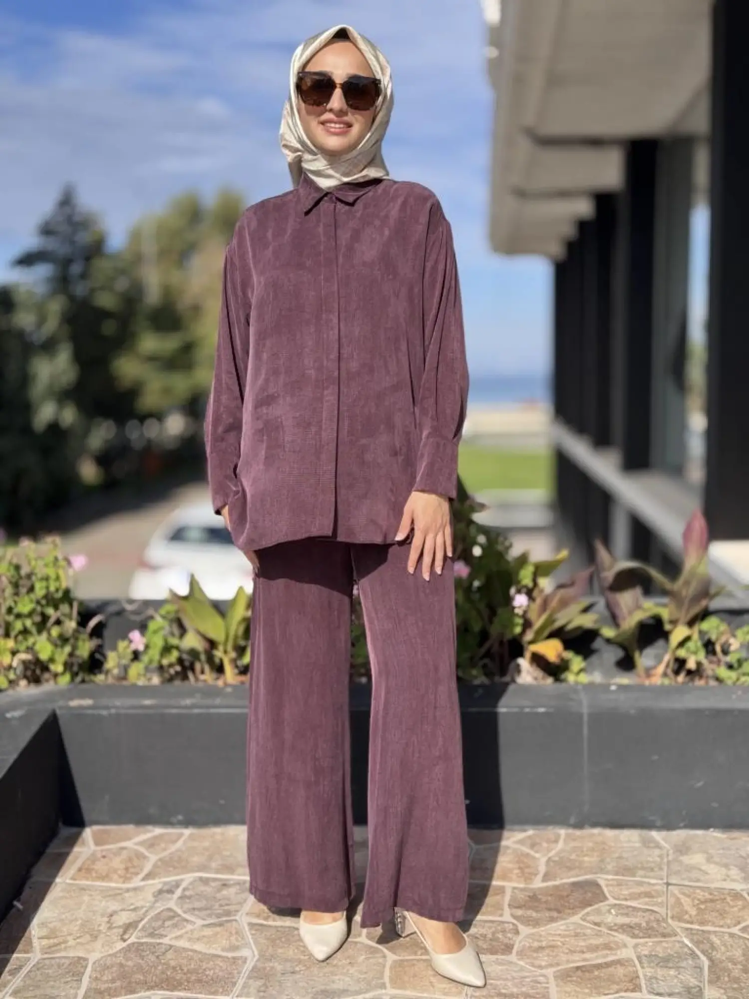 Almarwah Kendinden Çizgili Cupra Tunik Pantolon Takım 202917