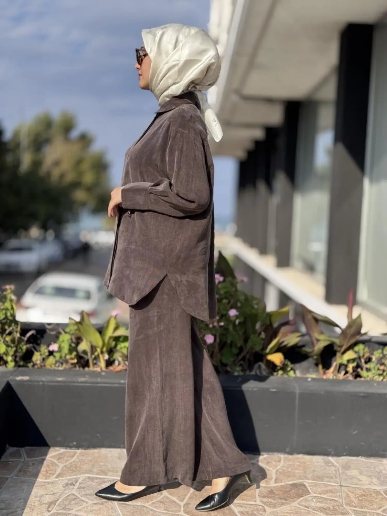 Almarwah Kendinden Çizgili Cupra Tunik Pantolon Takım 202917