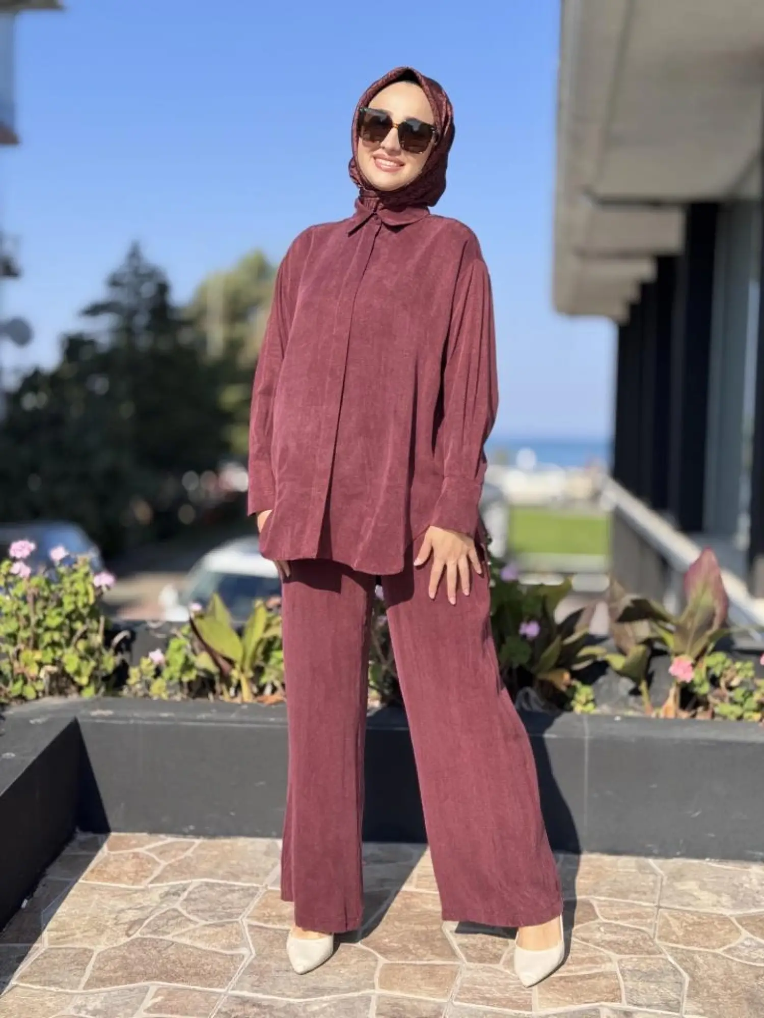 Almarwah Kendinden Çizgili Cupra Tunik Pantolon Takım 202917