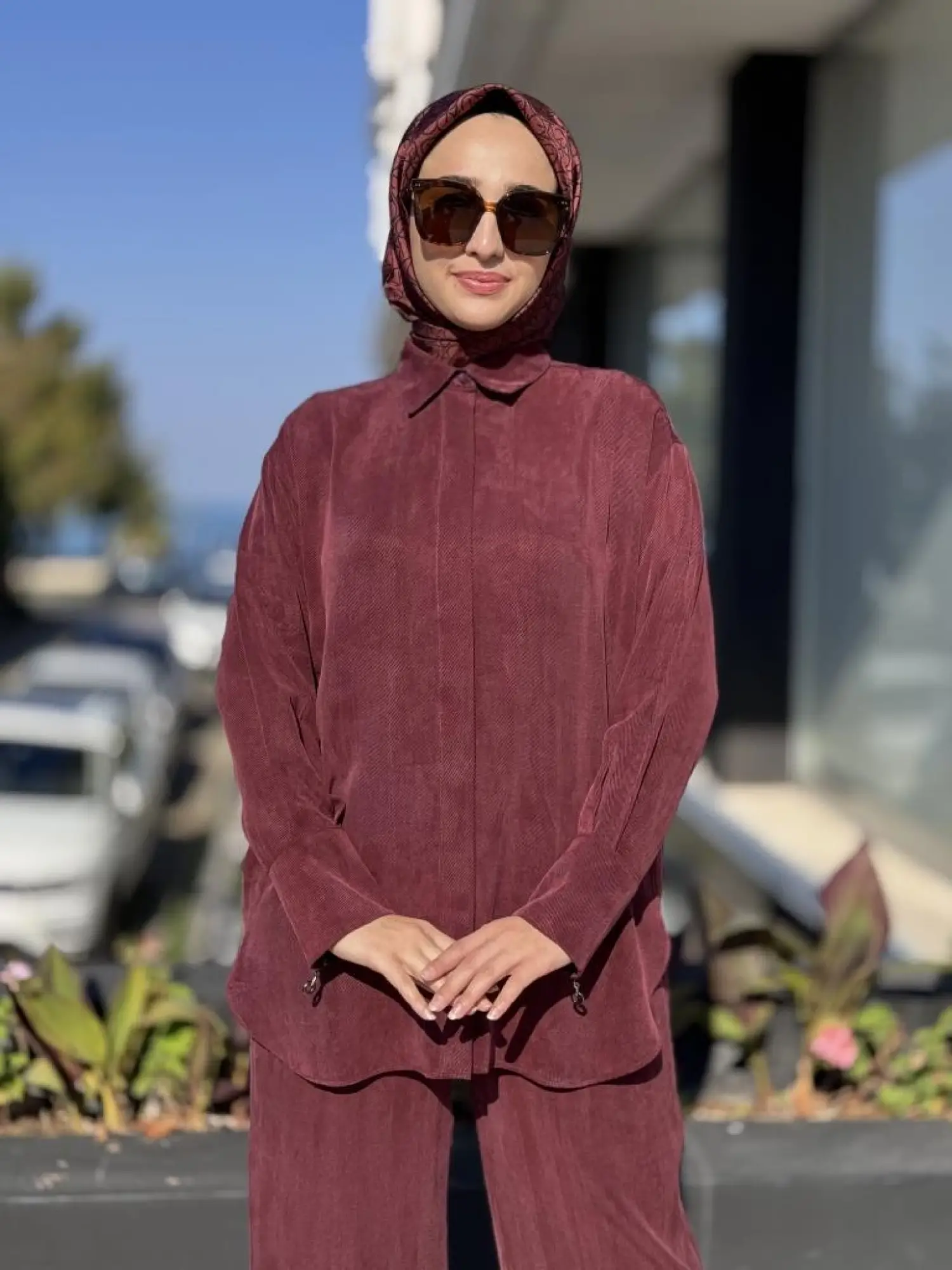 Almarwah Kendinden Çizgili Cupra Tunik Pantolon Takım 202917