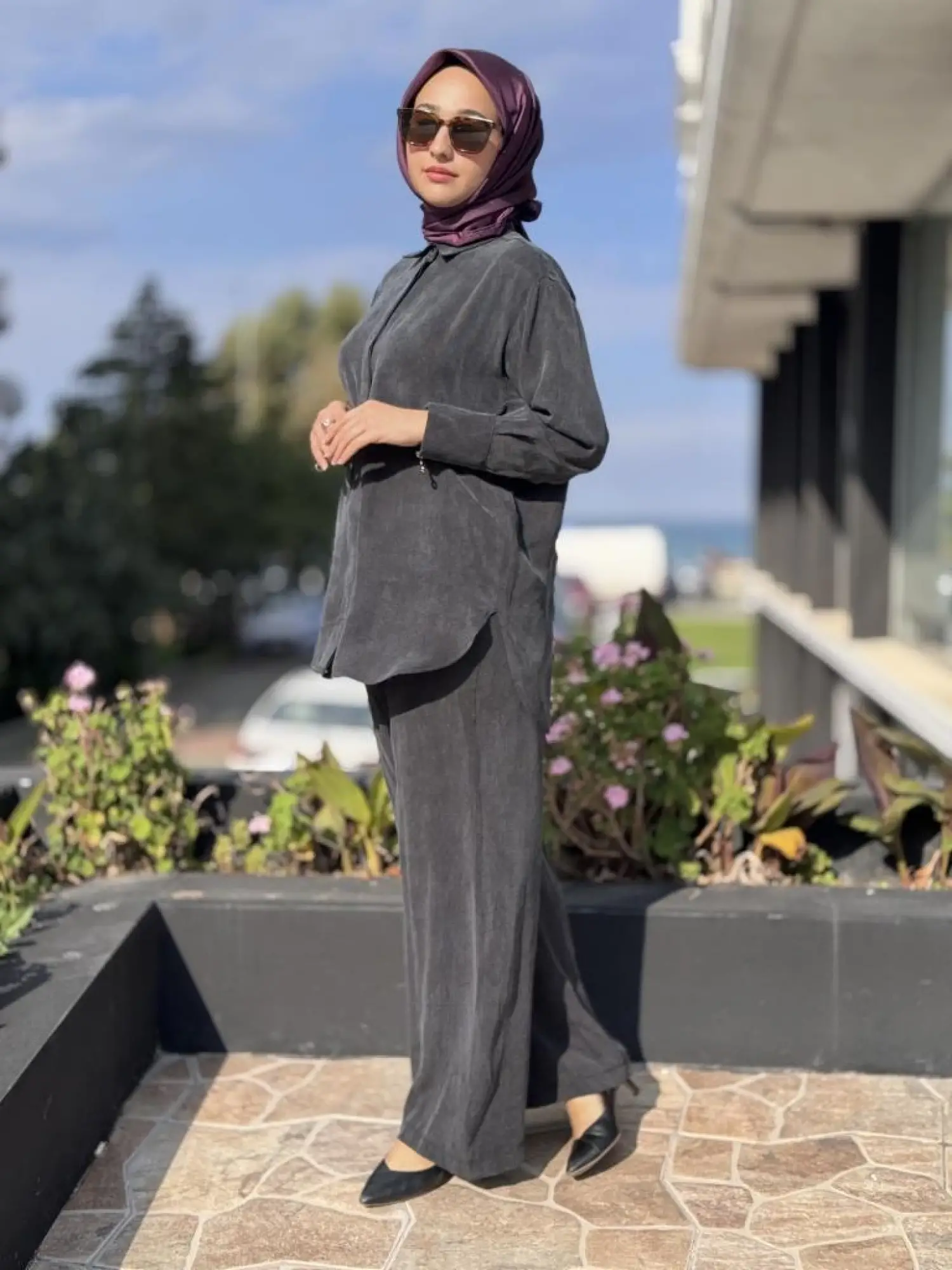 Almarwah Kendinden Çizgili Cupra Tunik Pantolon Takım 202917