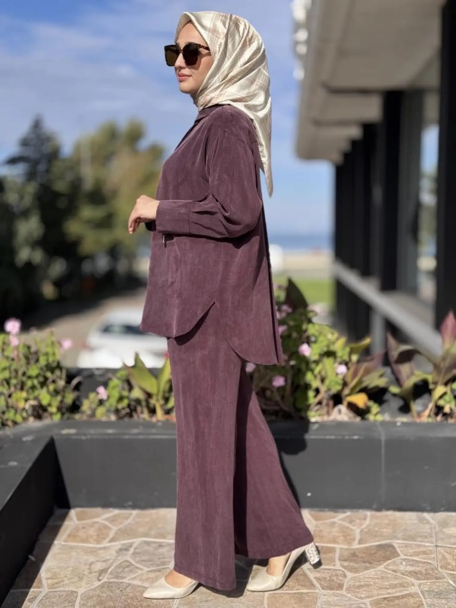 Almarwah Kendinden Çizgili Cupra Tunik Pantolon Takım 202917