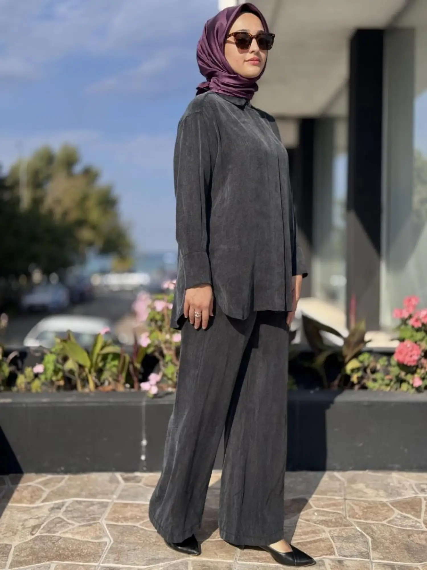 Almarwah Kendinden Çizgili Cupra Tunik Pantolon Takım 202917