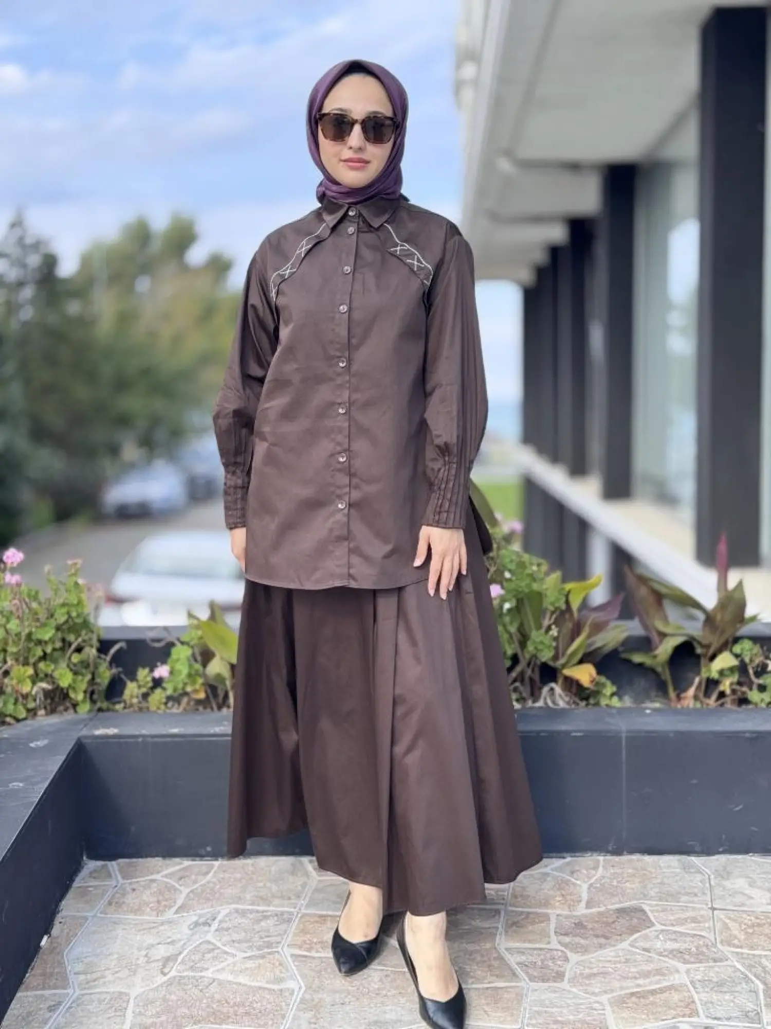 Almarwah Kolları Drape Detaylı Spor Dikişli Gömlek Etek Takım 202907