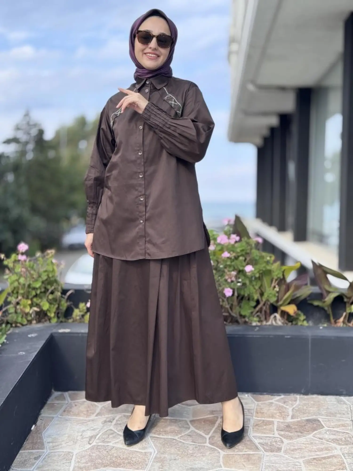 Almarwah Kolları Drape Detaylı Spor Dikişli Gömlek Etek Takım 202907