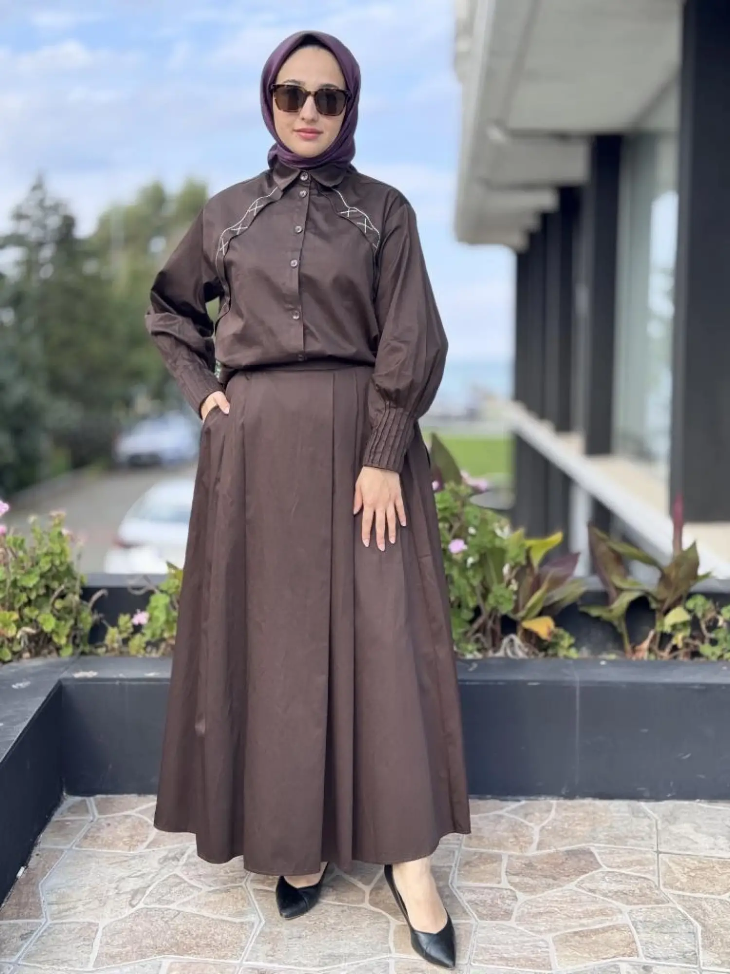 Almarwah Kolları Drape Detaylı Spor Dikişli Gömlek Etek Takım 202907