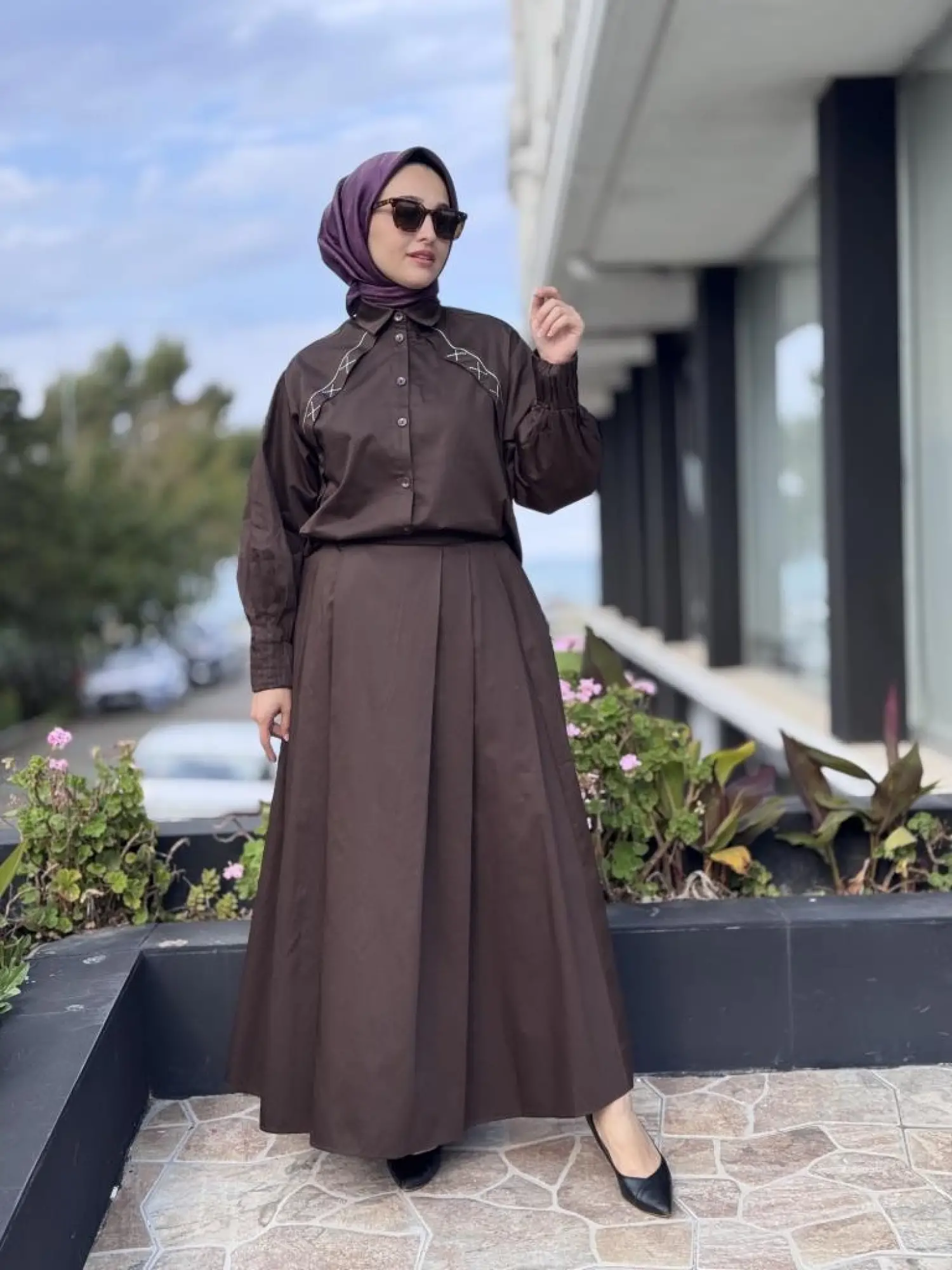 Almarwah Kolları Drape Detaylı Spor Dikişli Gömlek Etek Takım 202907