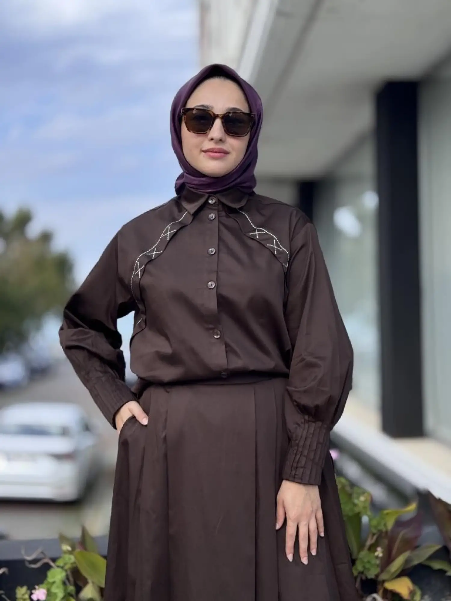 Almarwah Kolları Drape Detaylı Spor Dikişli Gömlek Etek Takım 202907