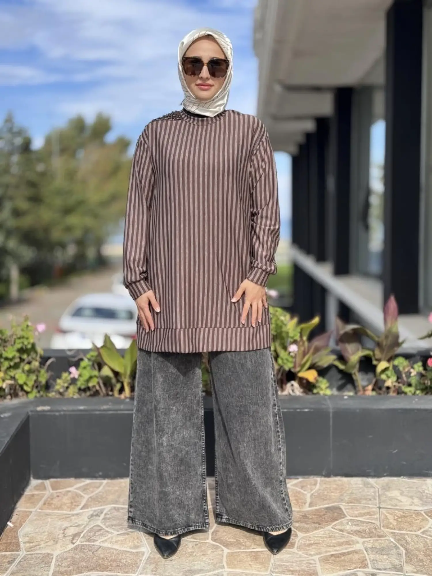 Almarwah Omuz Detaylı Çizgili Viscon Tunik 102235