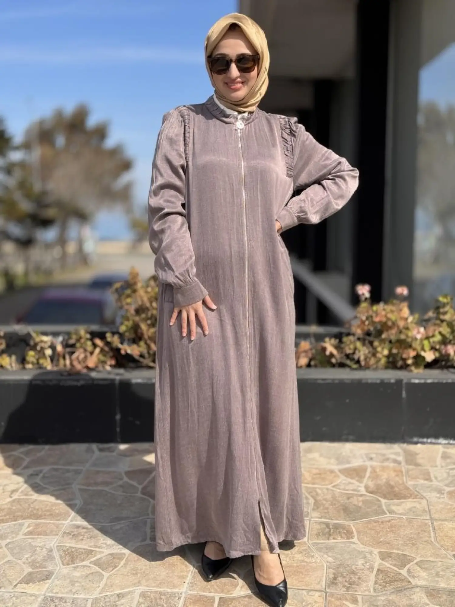 Almarwah Omuzları Nervür Detaylı Fermuarlı Cupra İpek Kap 404947