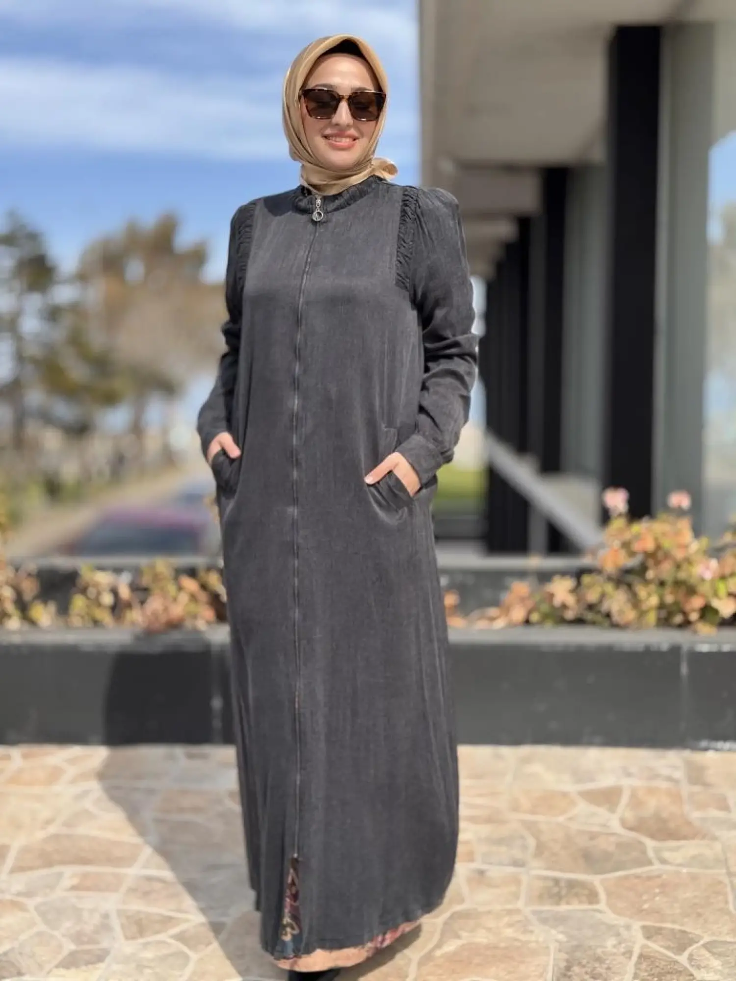 Almarwah Omuzları Nervür Detaylı Fermuarlı Cupra İpek Kap 404947