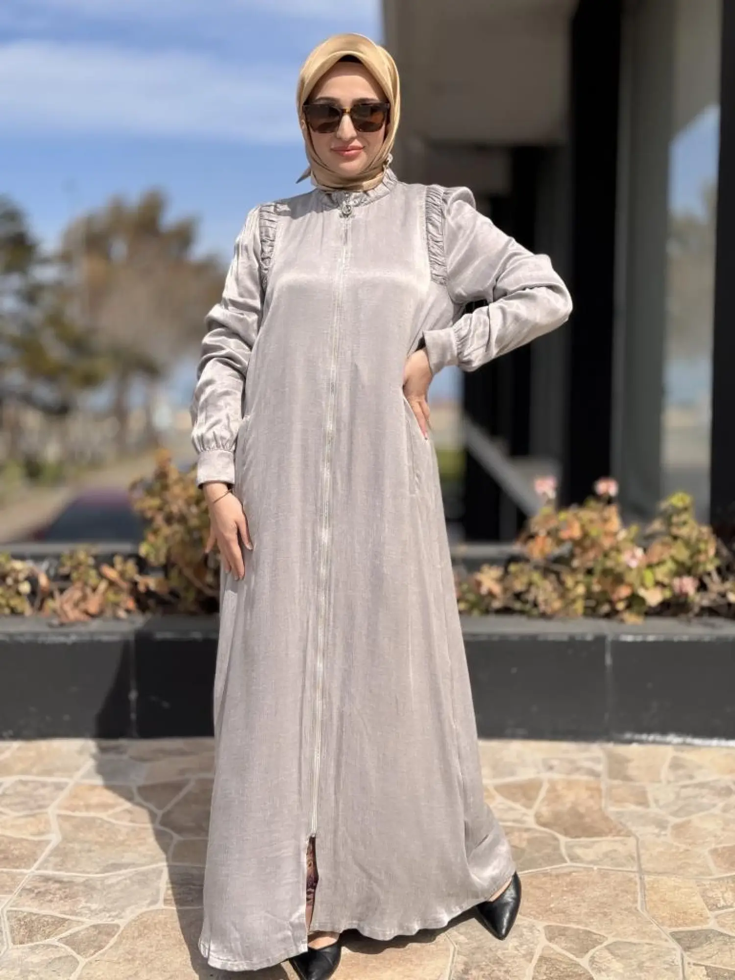 Almarwah Omuzları Nervür Detaylı Fermuarlı Cupra İpek Kap 404947