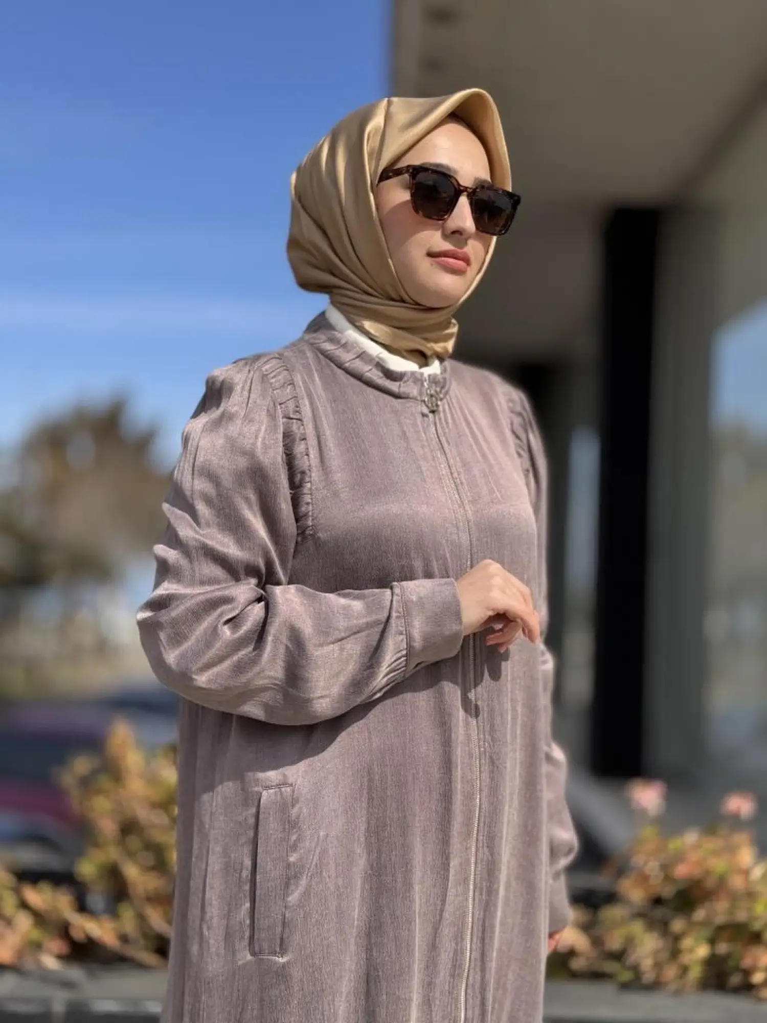 Almarwah Omuzları Nervür Detaylı Fermuarlı Cupra İpek Kap 404947