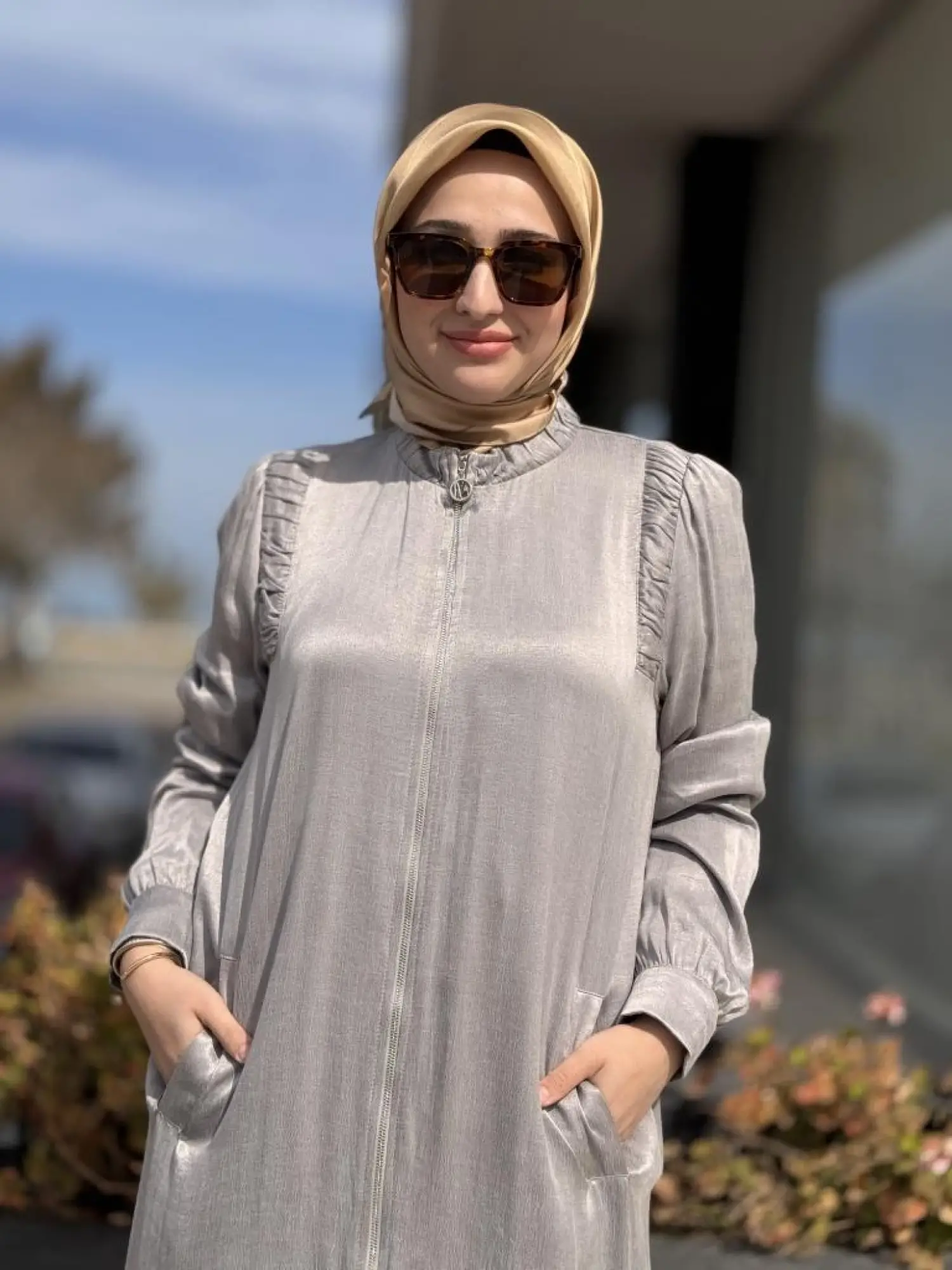 Almarwah Omuzları Nervür Detaylı Fermuarlı Cupra İpek Kap 404947