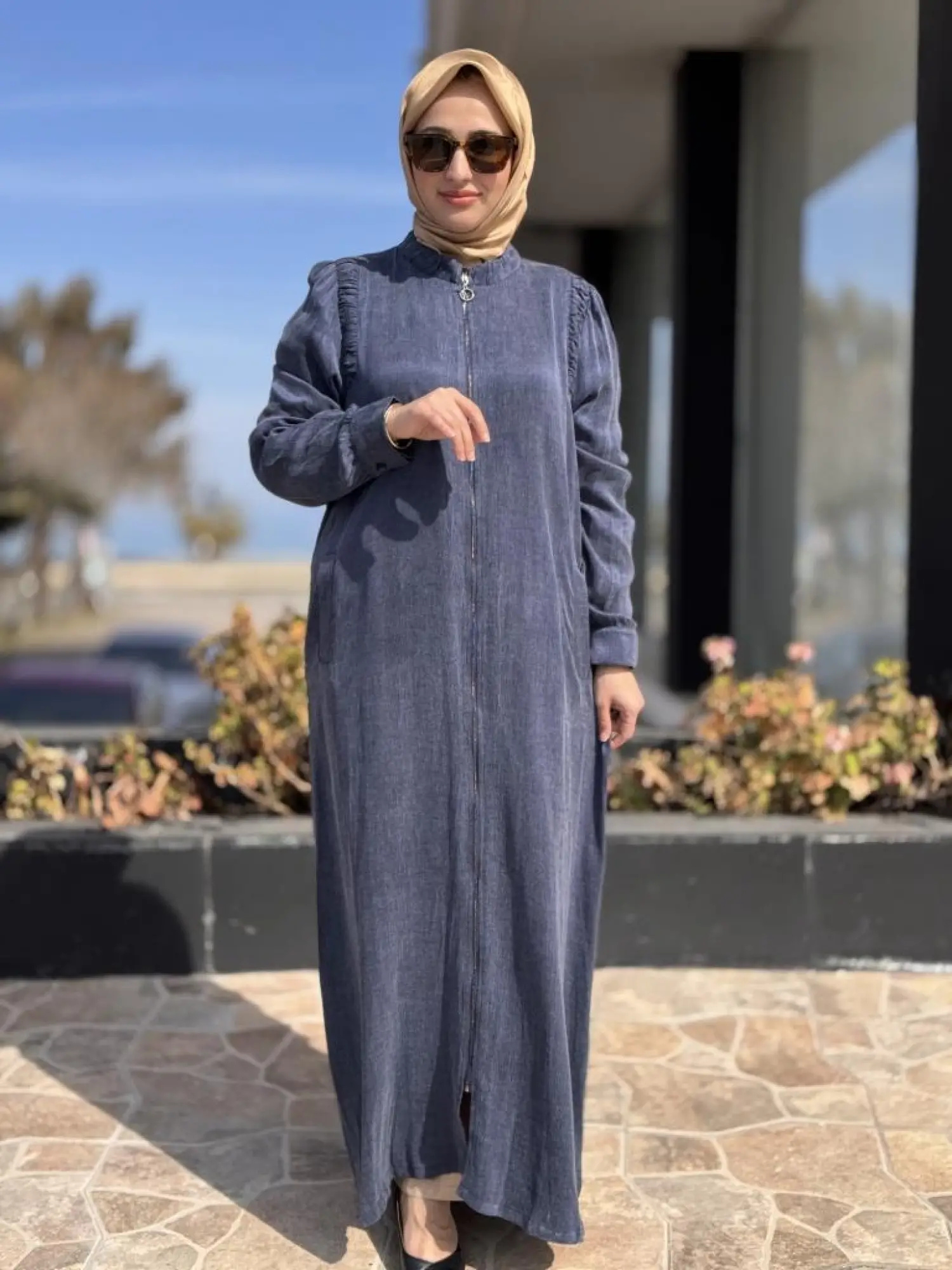 Almarwah Omuzları Nervür Detaylı Fermuarlı Cupra İpek Kap 404947