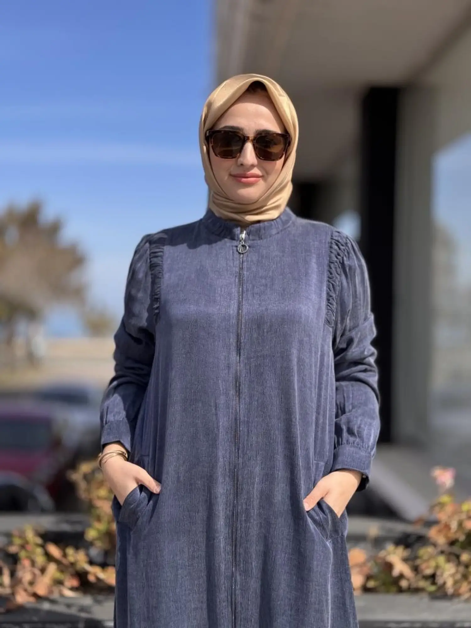 Almarwah Omuzları Nervür Detaylı Fermuarlı Cupra İpek Kap 404947