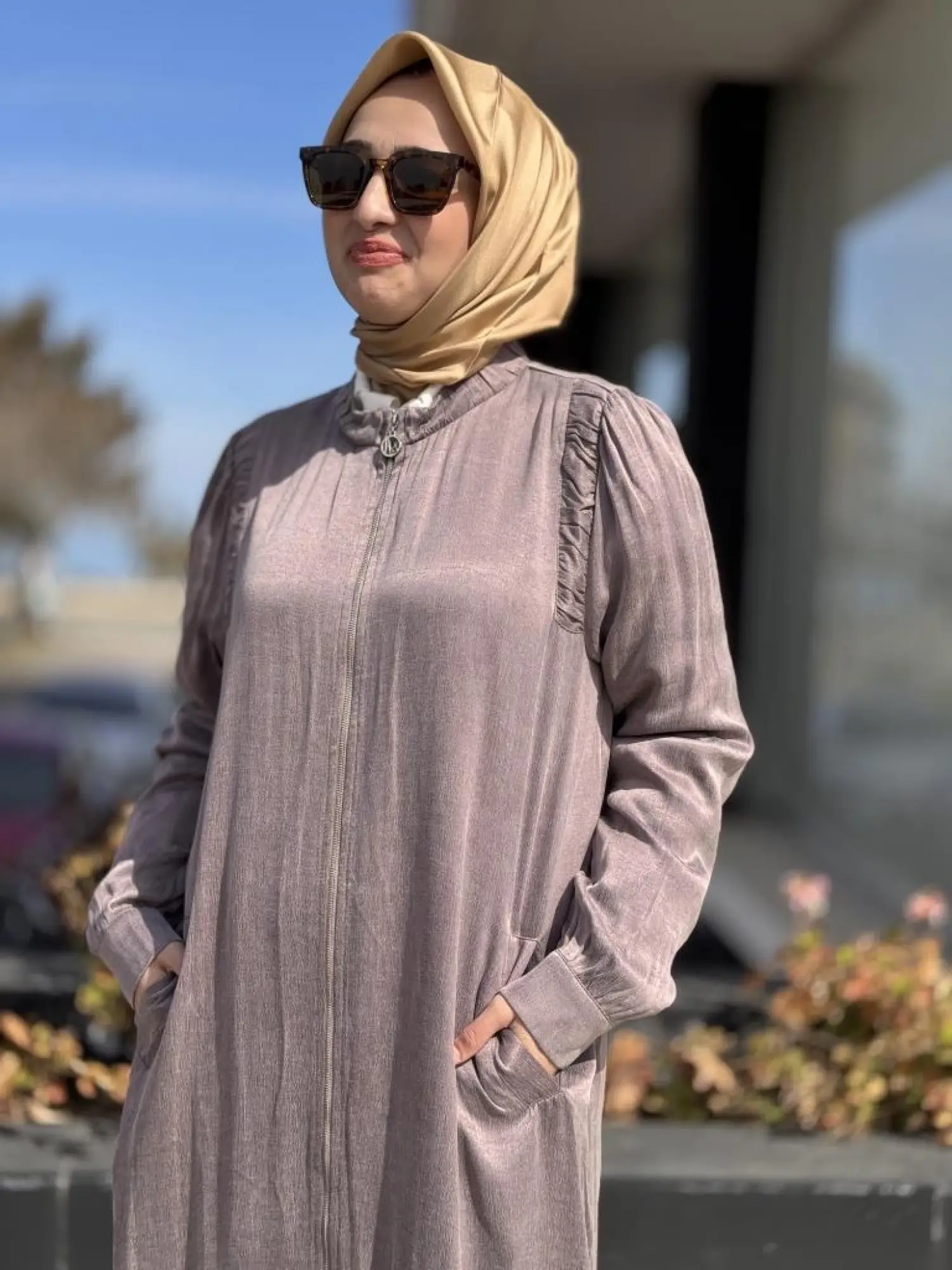 Almarwah Omuzları Nervür Detaylı Fermuarlı Cupra İpek Kap 404947