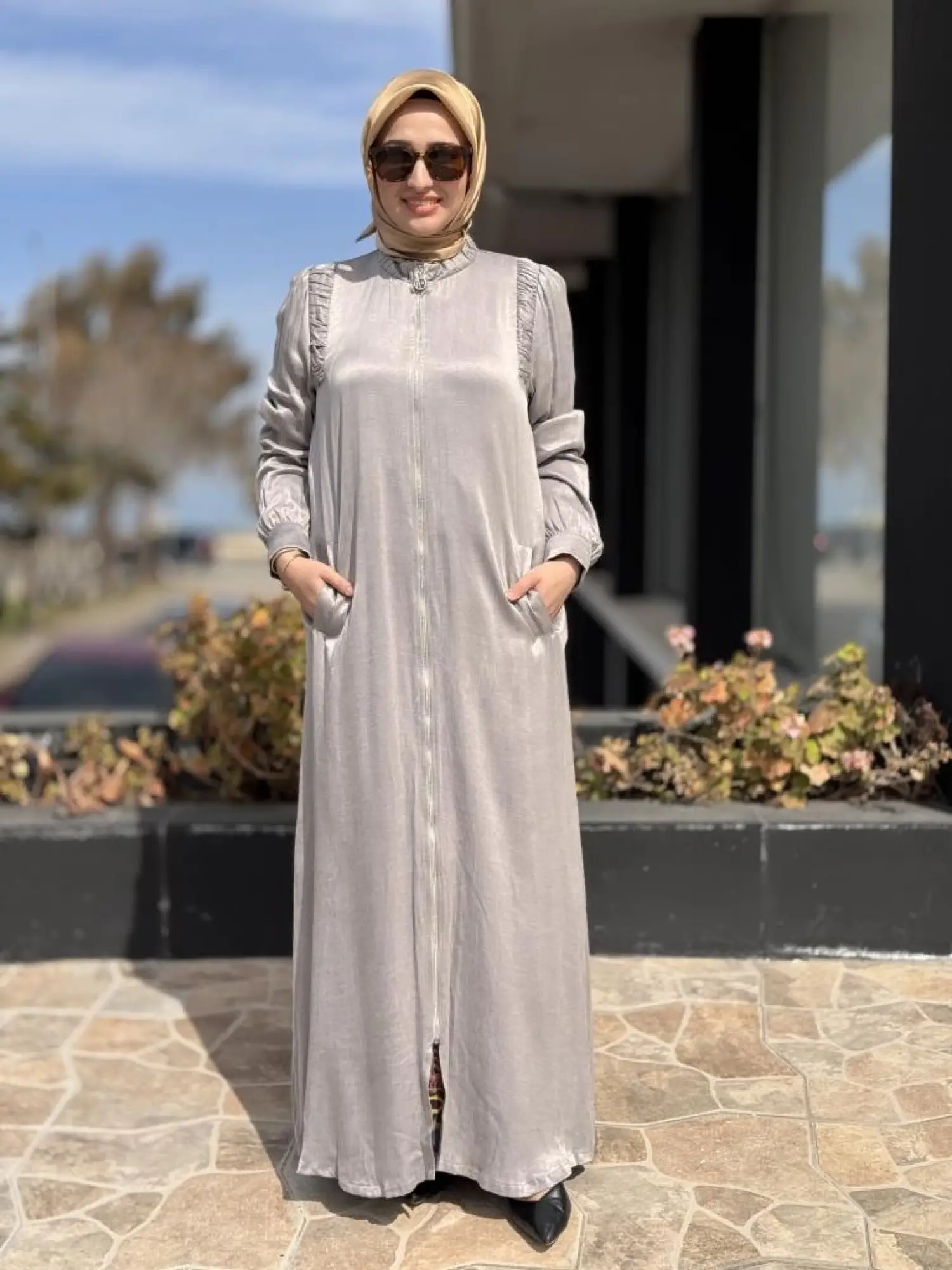 Almarwah Omuzları Nervür Detaylı Fermuarlı Cupra İpek Kap 404947