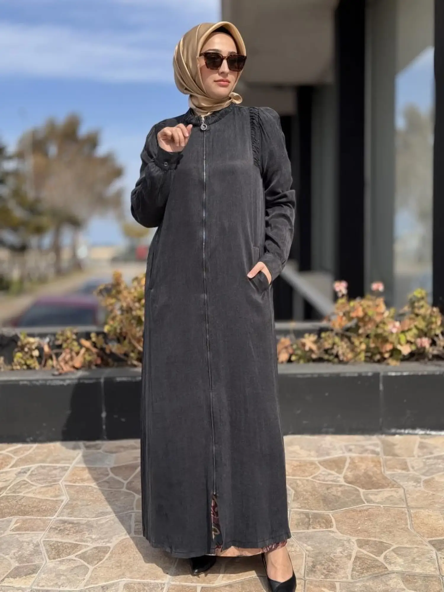 Almarwah Omuzları Nervür Detaylı Fermuarlı Cupra İpek Kap 404947