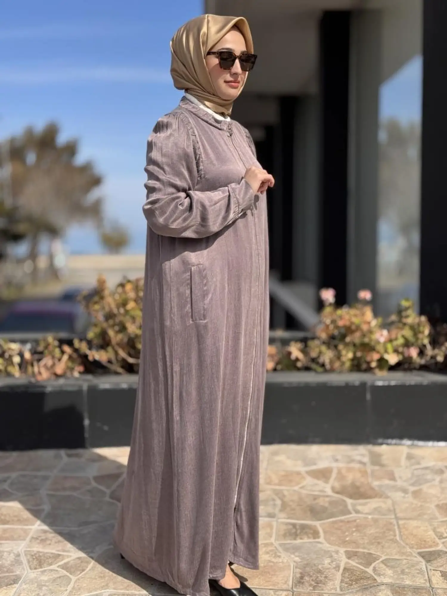 Almarwah Omuzları Nervür Detaylı Fermuarlı Cupra İpek Kap 404947