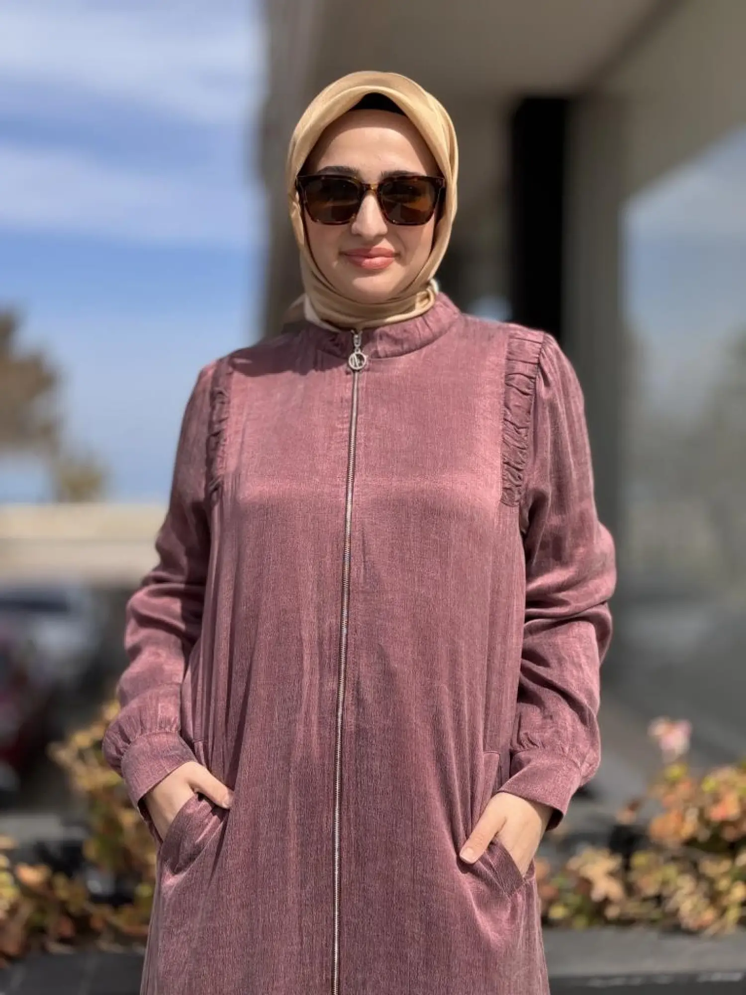 Almarwah Omuzları Nervür Detaylı Fermuarlı Cupra İpek Kap 404947