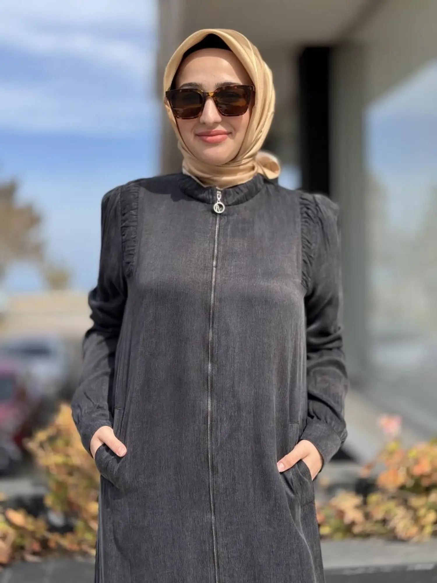 Almarwah Omuzları Nervür Detaylı Fermuarlı Cupra İpek Kap 404947