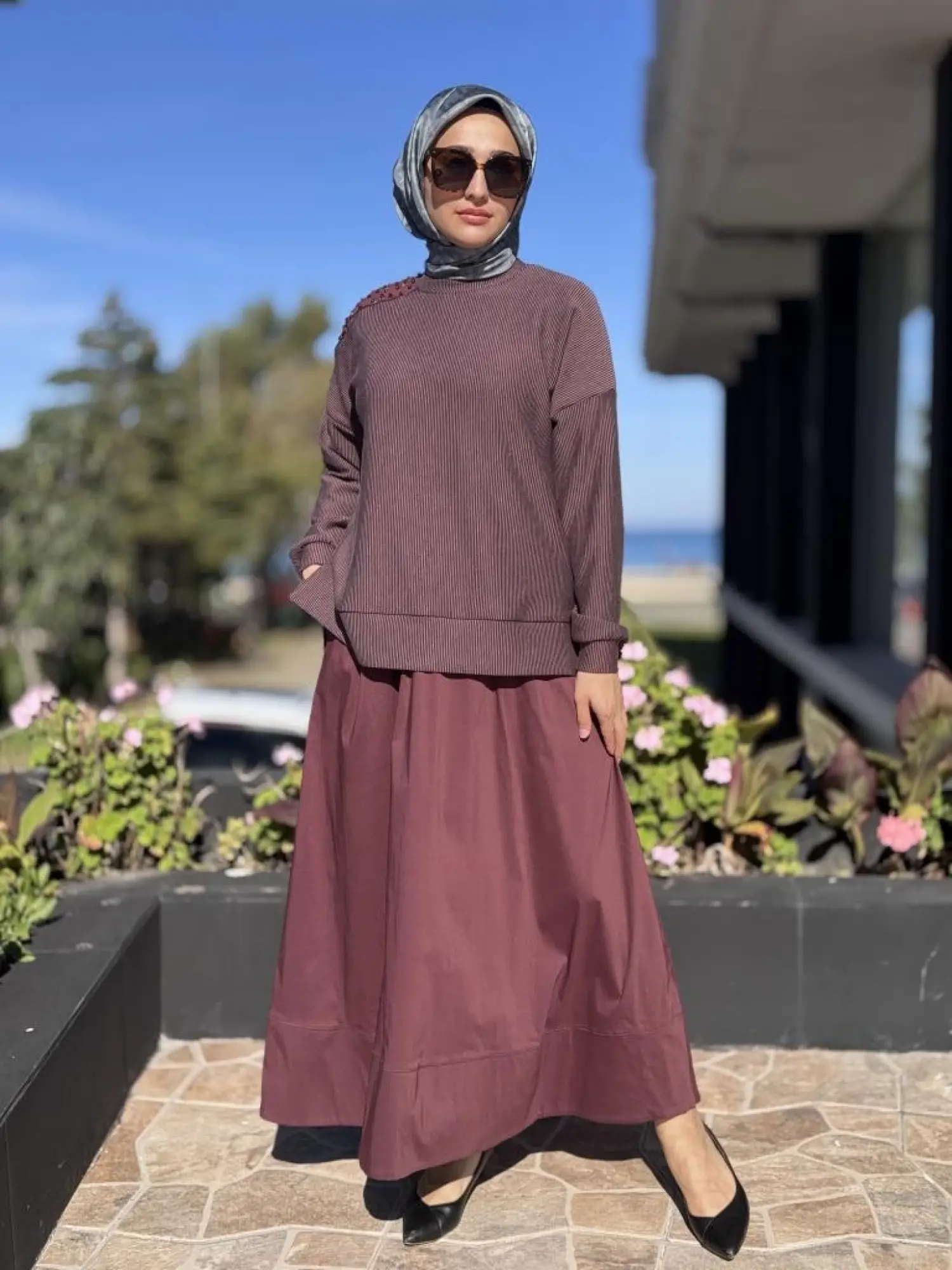 Almarwah Omuzu Taşlı Çizgili Viscon Bluz Poplin Etek Takım 202908