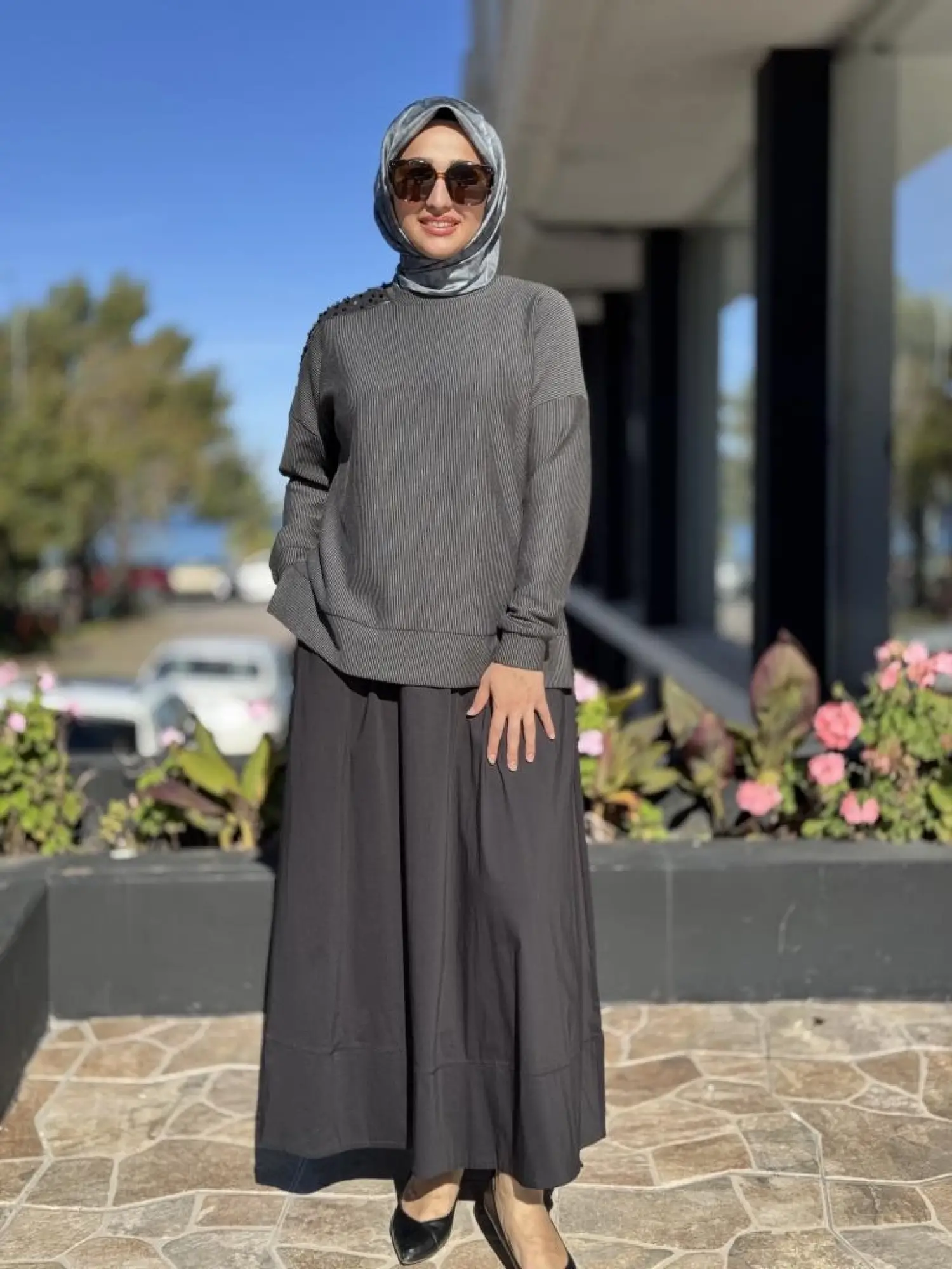 Almarwah Omuzu Taşlı Çizgili Viscon Bluz Poplin Etek Takım 202908