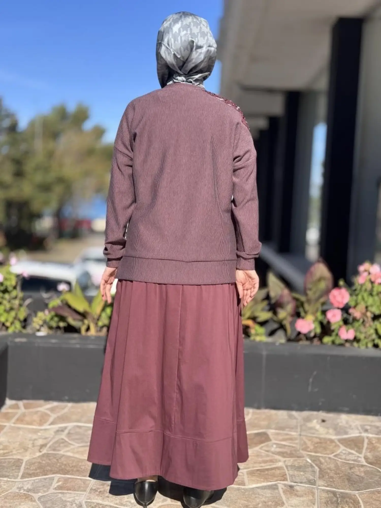 Almarwah Omuzu Taşlı Çizgili Viscon Bluz Poplin Etek Takım 202908