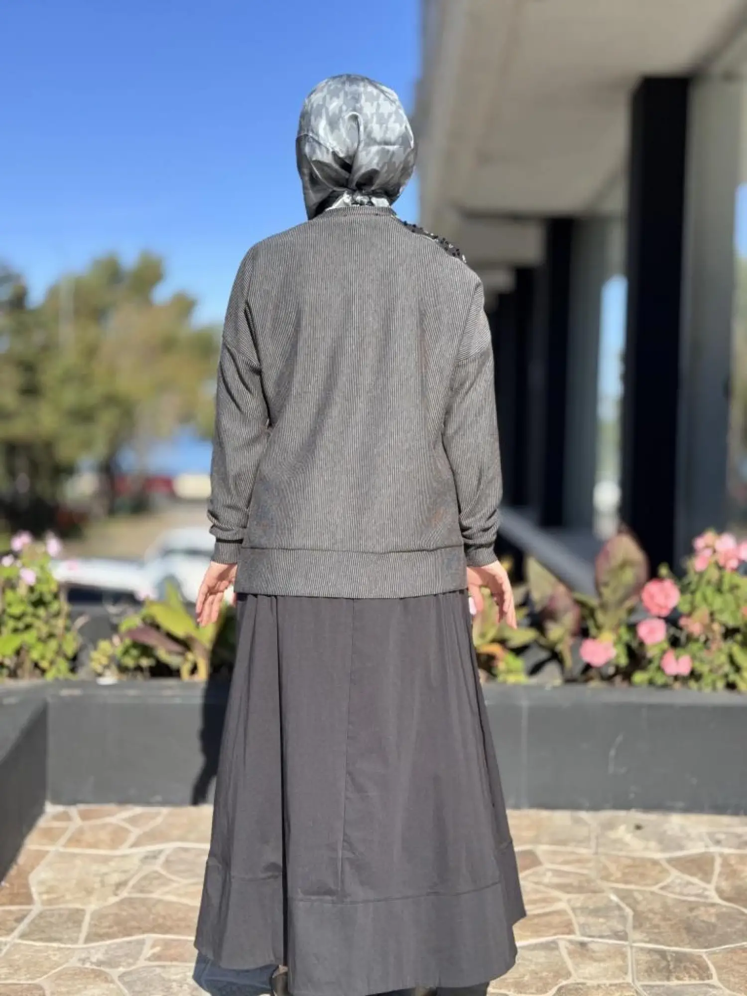 Almarwah Omuzu Taşlı Çizgili Viscon Bluz Poplin Etek Takım 202908